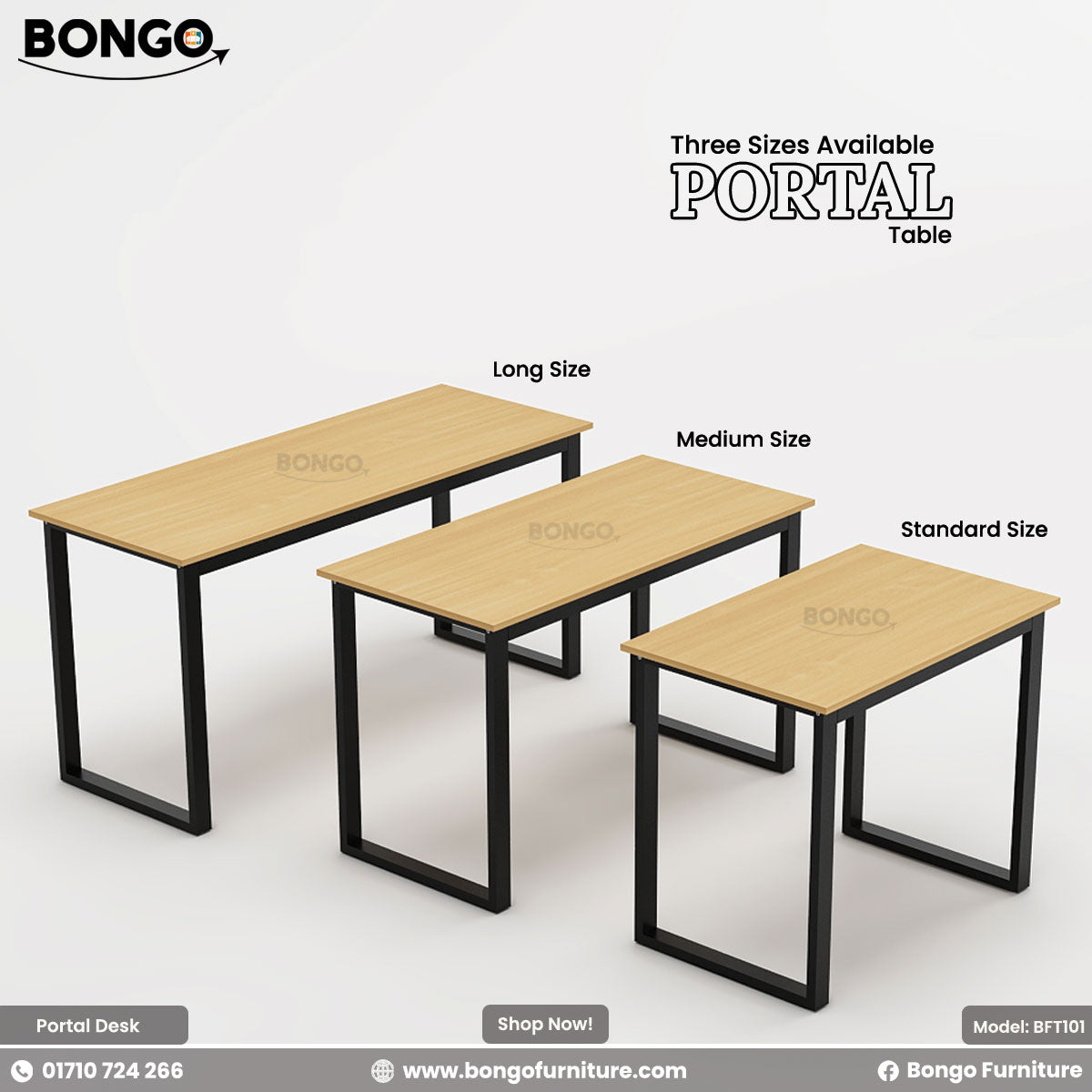 Three sizes of Portal tables by Bongo Furniture on a white. This use As a peak table, industrious work desk.