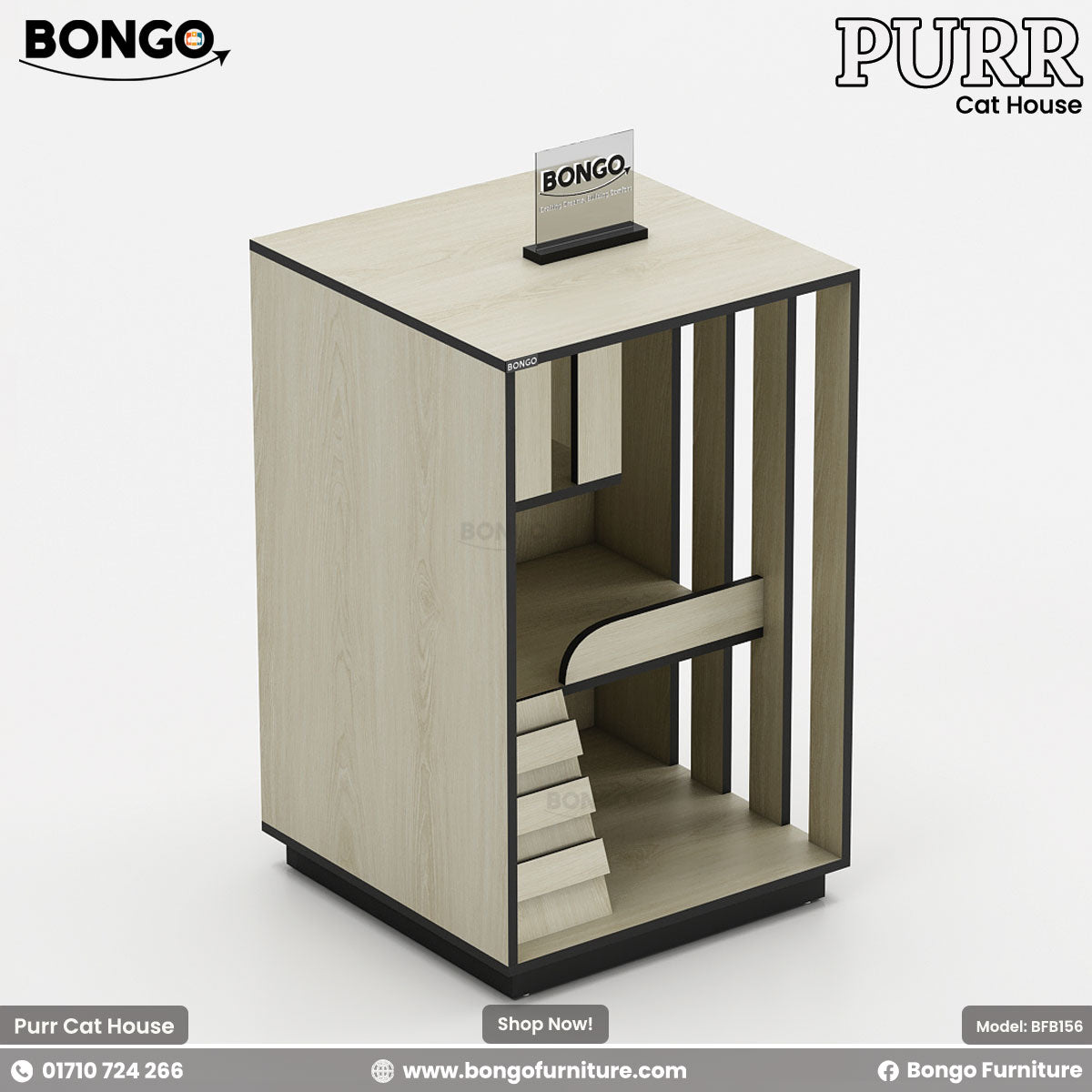 Cat house with Bongo and Purr branding on a Albino Black background