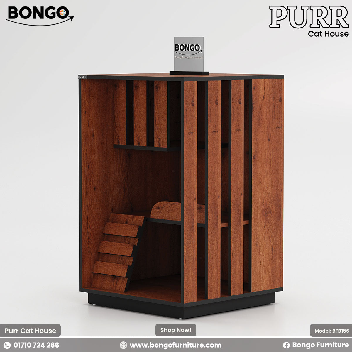 Granada Pine - Black cat house with steps and labeled 'Bongo' on a white background