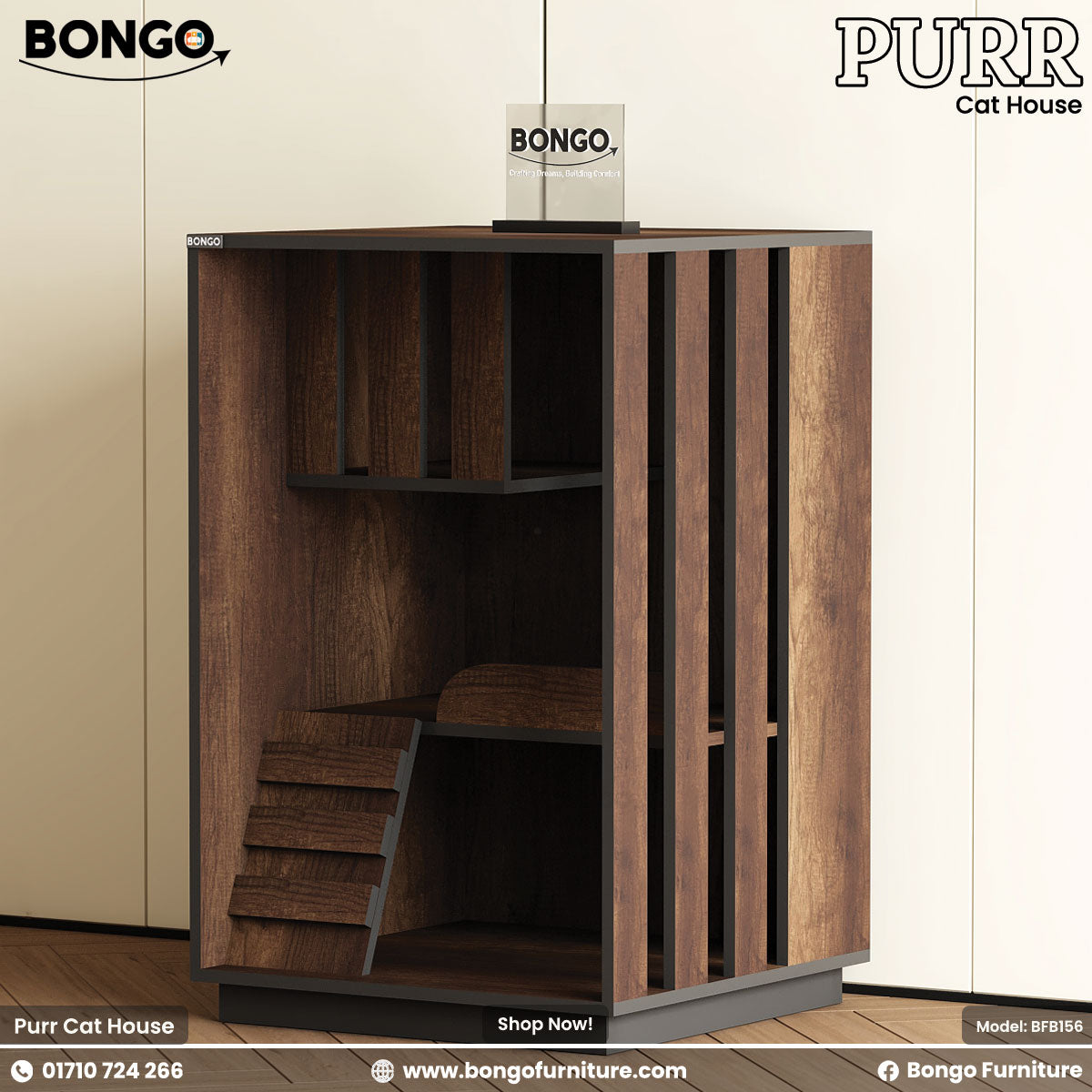 Monument Oak - Black cat house with stairs and shelves, featuring Bongo Furniture branding.