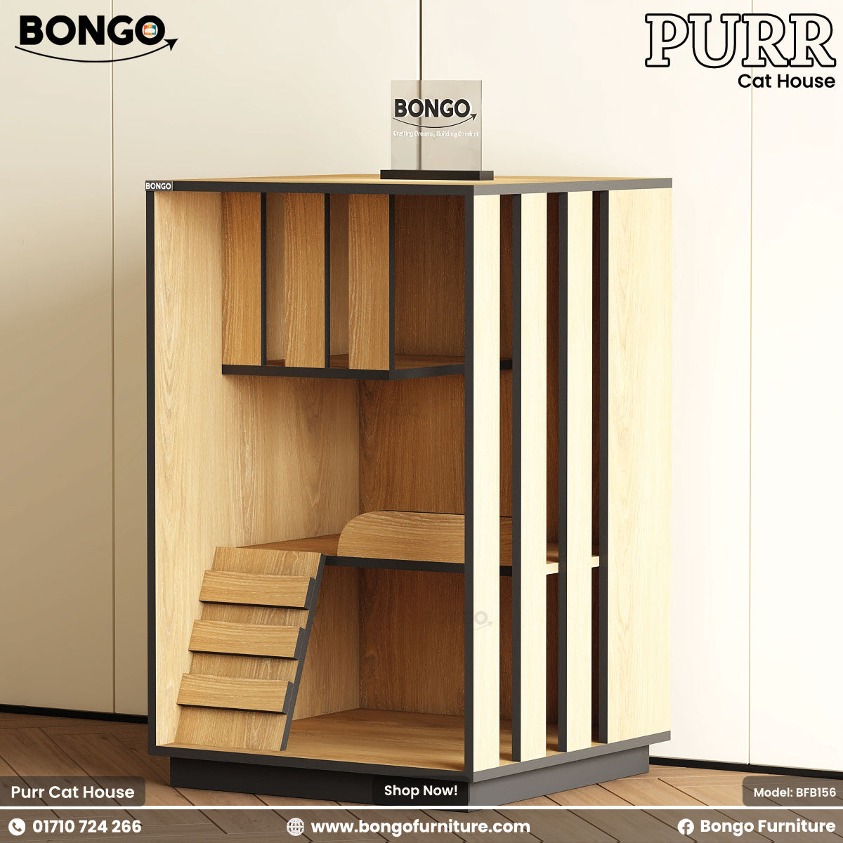 Red Oak - Black cat house with a staircase and platform, featuring Bongo Furniture branding.