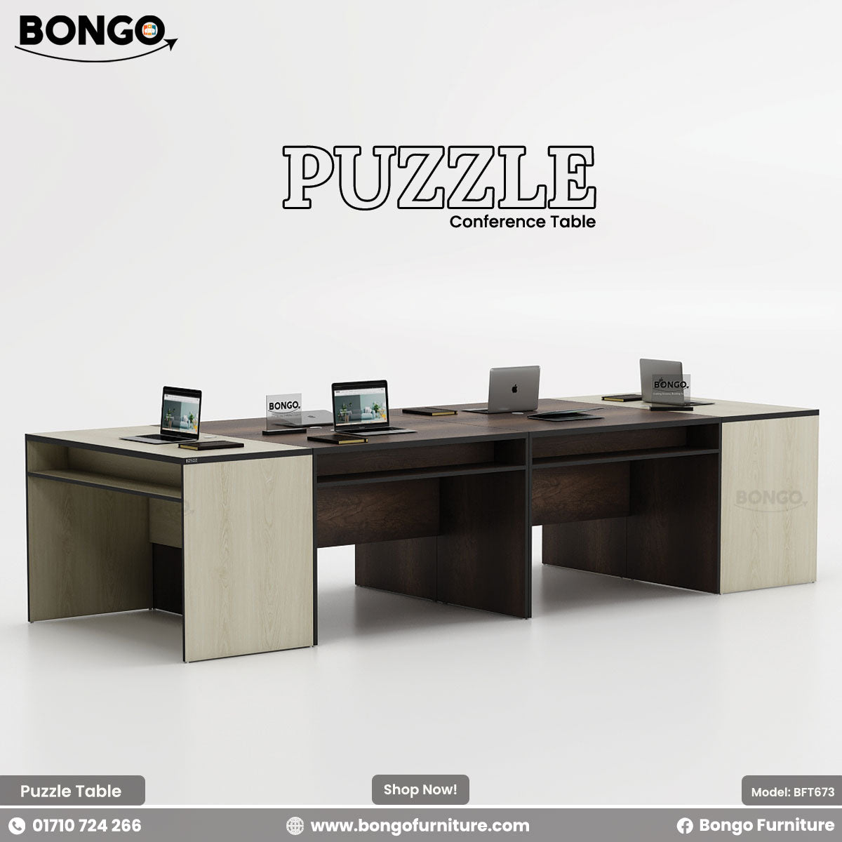 Bongo Puzzle Conference Table with multiple laptop displays on a white background