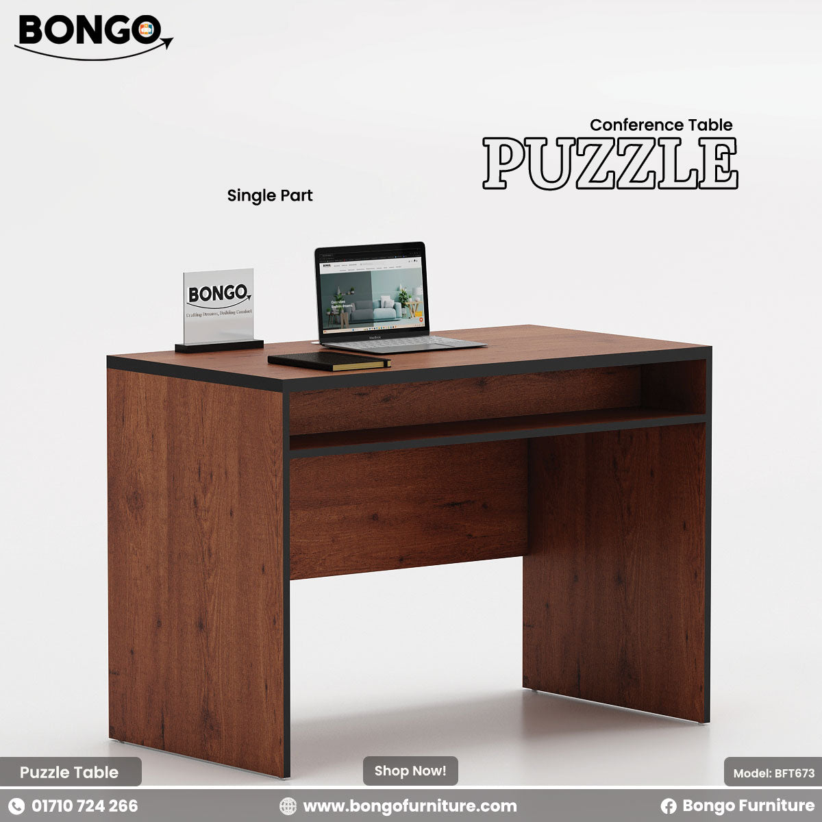 Granada Pine conference table with a laptop on a white background, featuring Bongo Furniture branding.