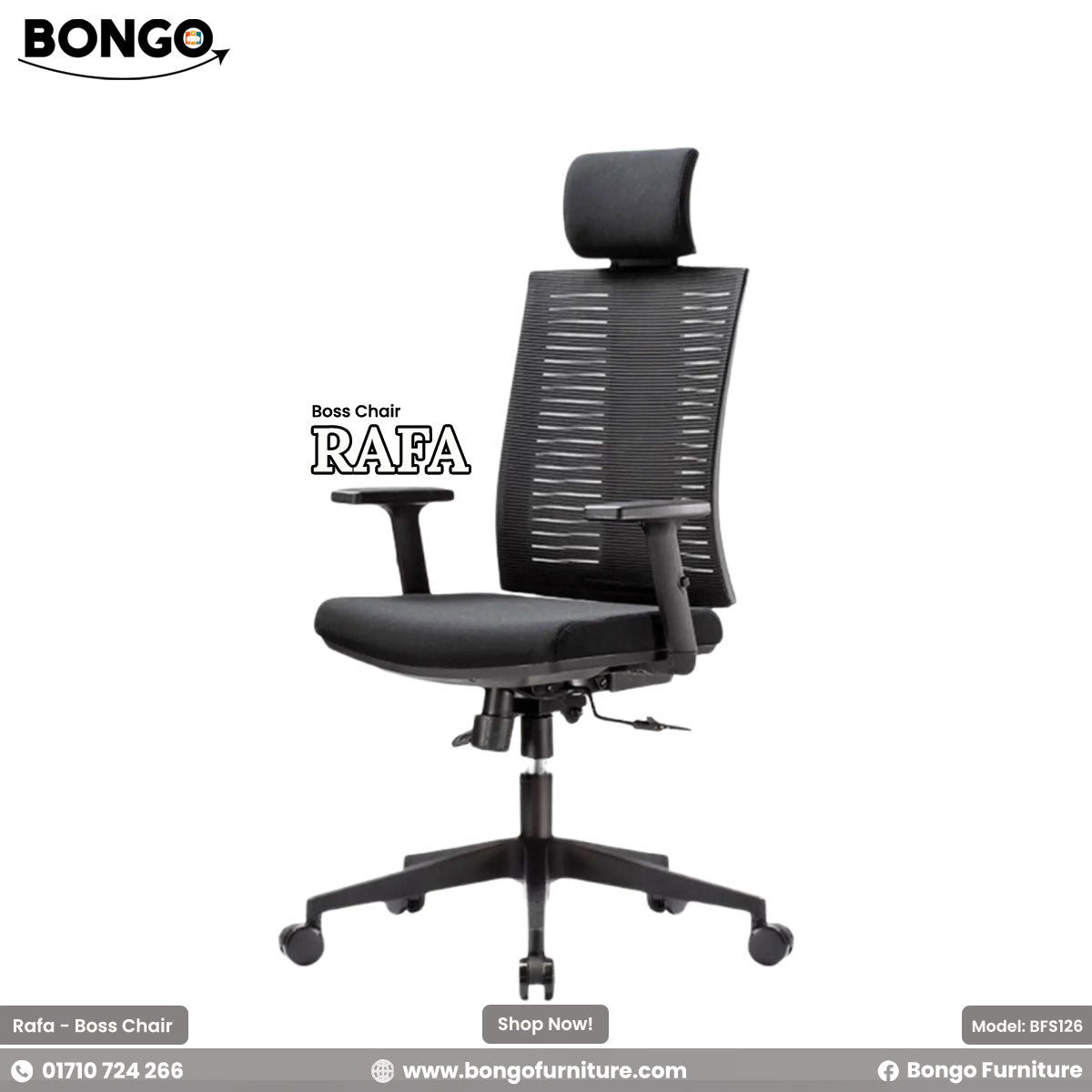 A black Rafa Boss Chair with adjustable arms and a headrest, featuring a modern design suitable for office use.