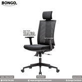A black Rafa Boss Chair with adjustable arms and a headrest, featuring a modern design suitable for office use.