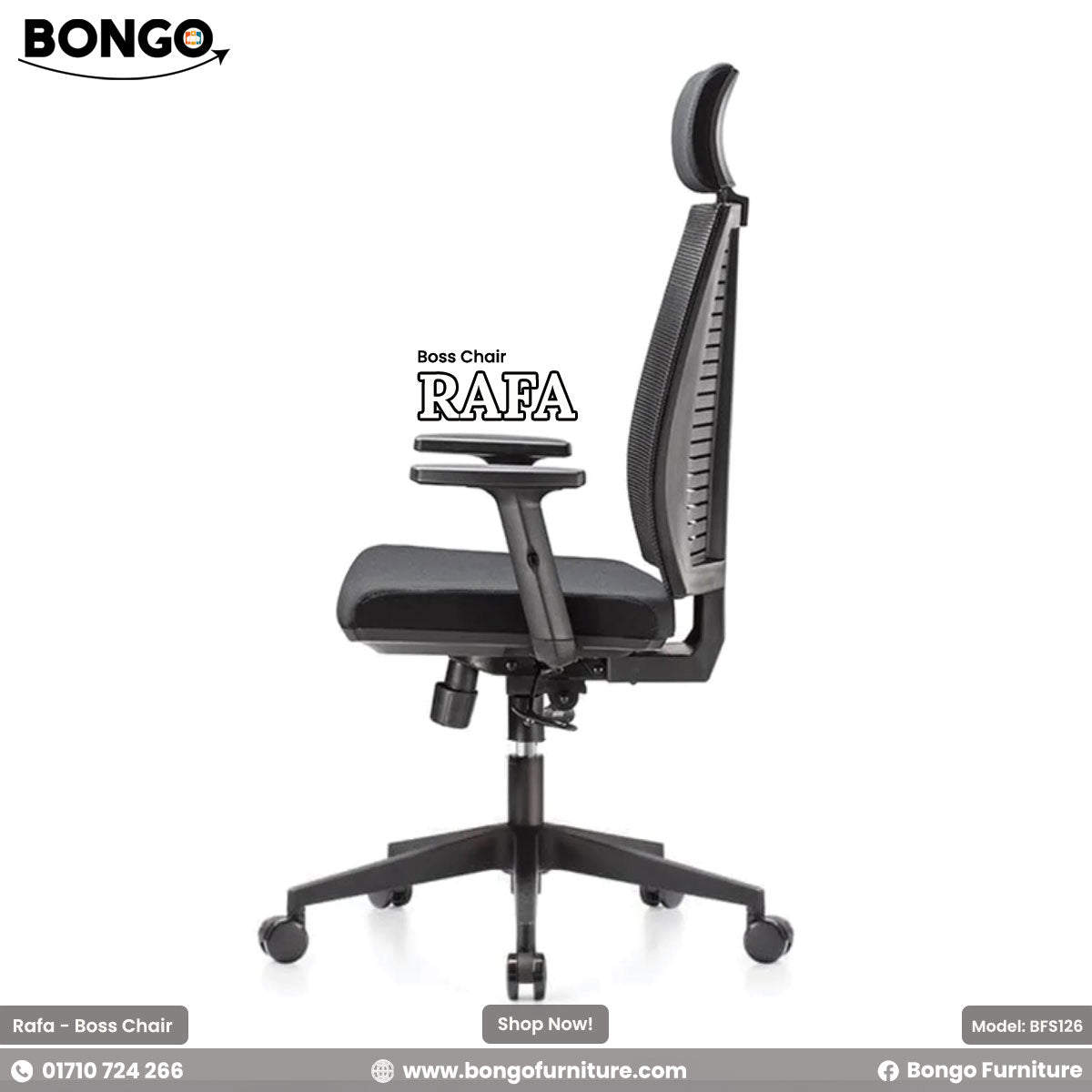 A black Rafa Boss Chair with adjustable arms and a headrest, featuring a modern design suitable for office use.