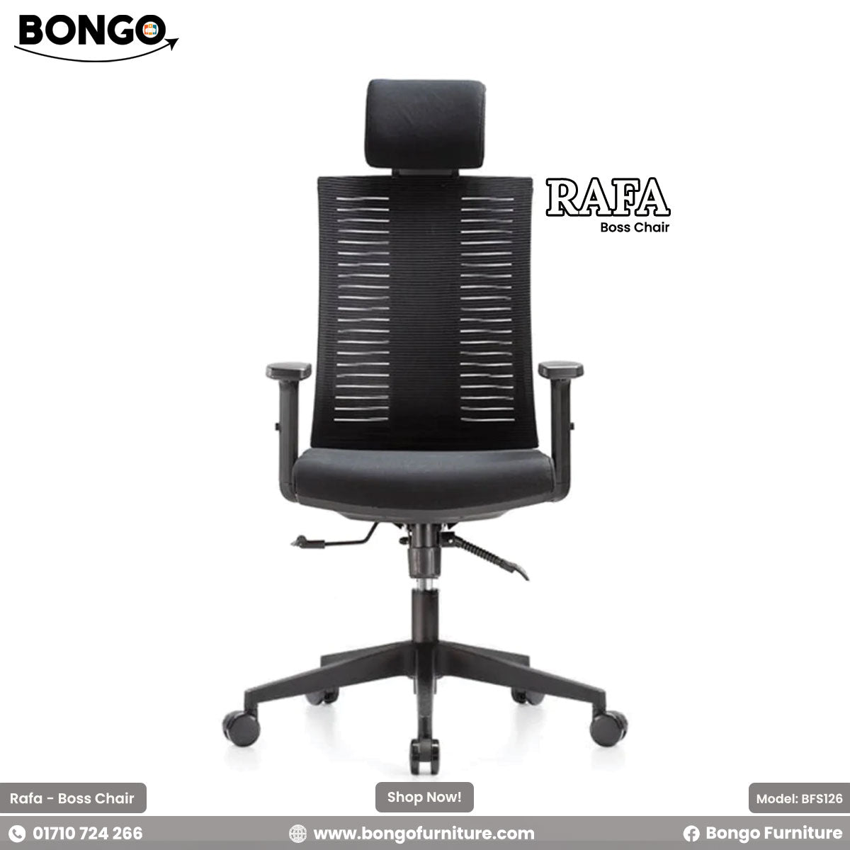 A black Rafa Boss Chair with adjustable arms and a headrest, featuring a modern design suitable for office use.
