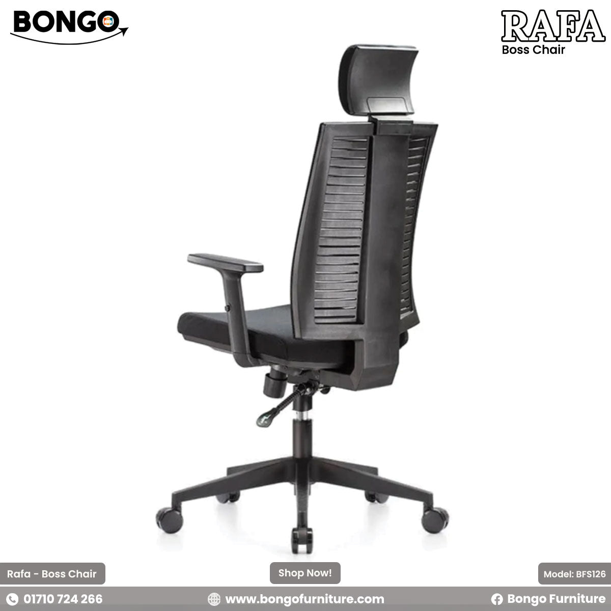 A black Rafa Boss Chair with adjustable arms and a headrest, featuring a modern design suitable for office use.