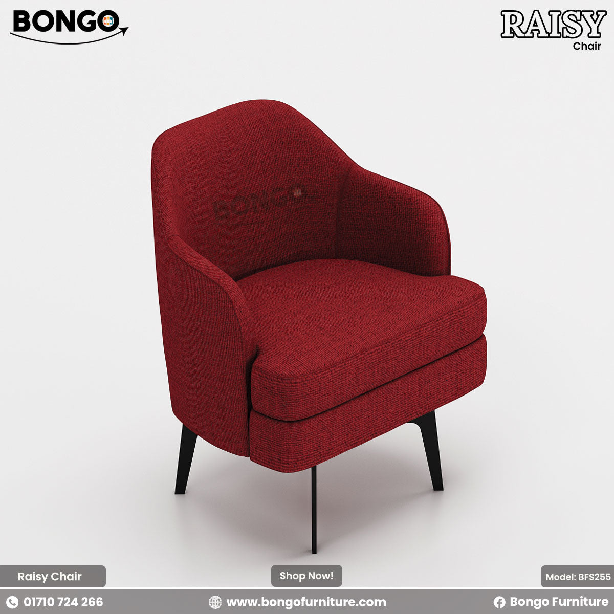 A red upholstered Raisy chair with heavy-duty mild steel legs and plush cushioning, designed for dining or restaurant settings.