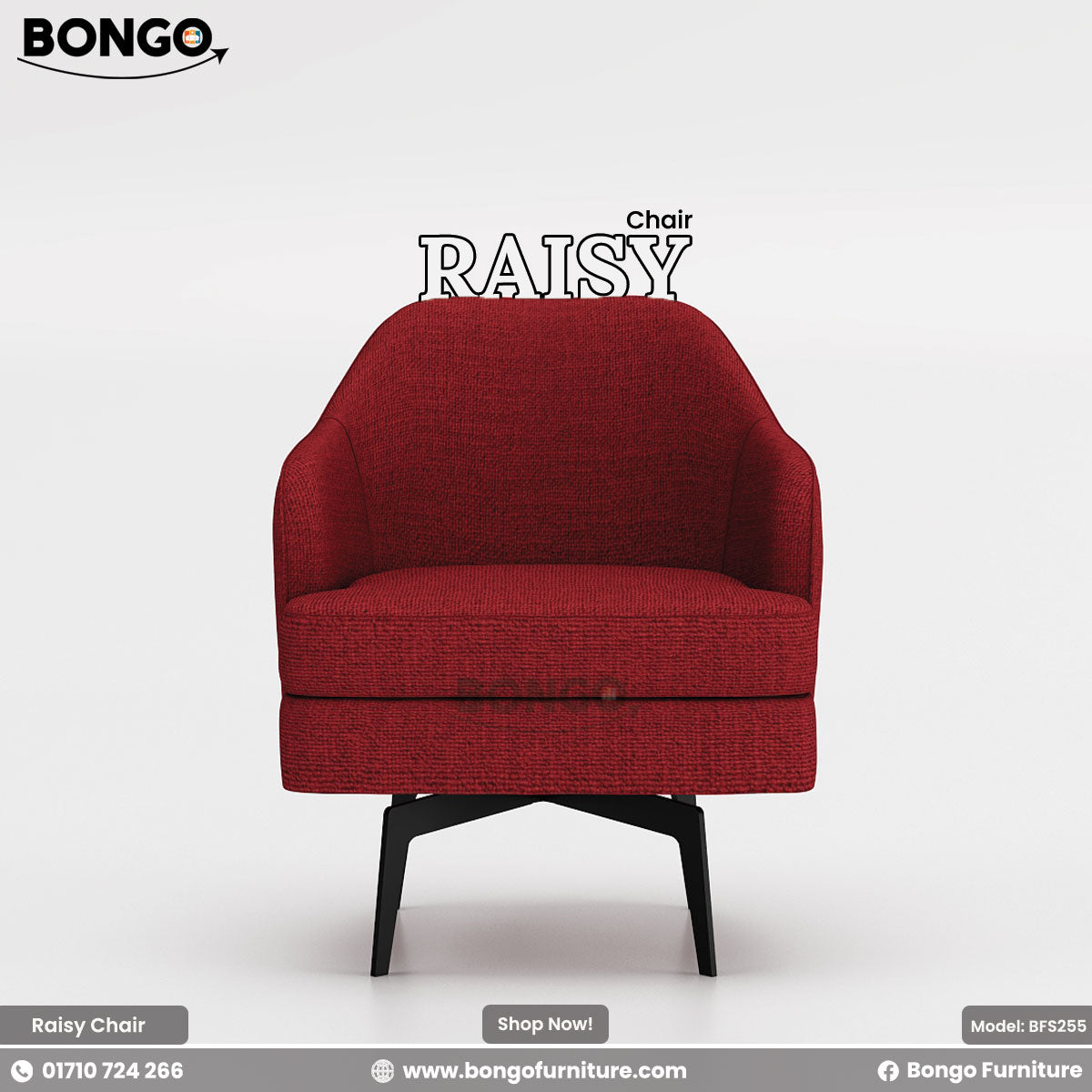 A red upholstered Raisy chair with heavy-duty mild steel legs and plush cushioning, designed for dining or restaurant settings.