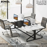 Modern conference table with chairs in a bright office setting, featuring Bongo Furniture branding.