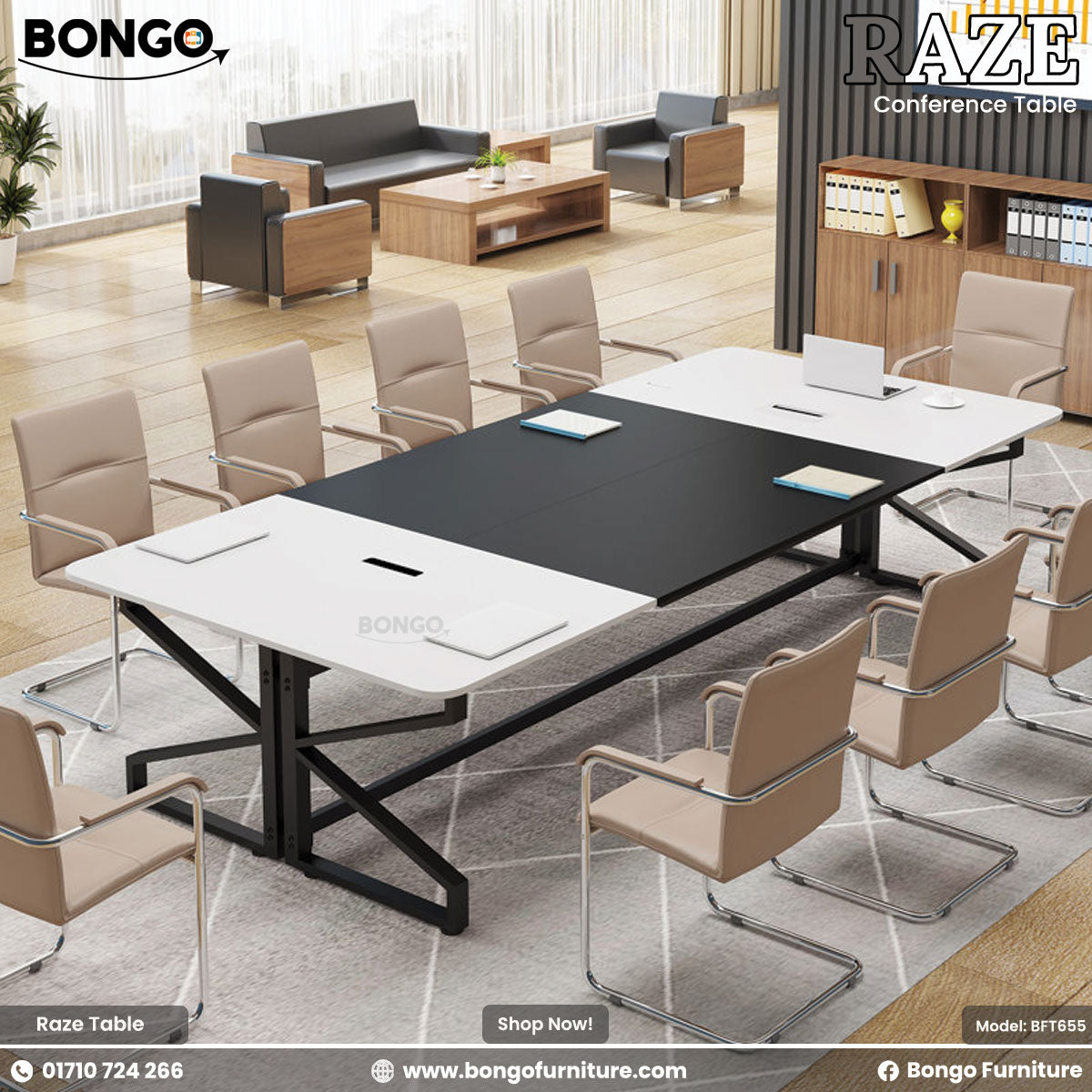 Conference table with chairs in a modern office setting, featuring Bongo Furniture branding.