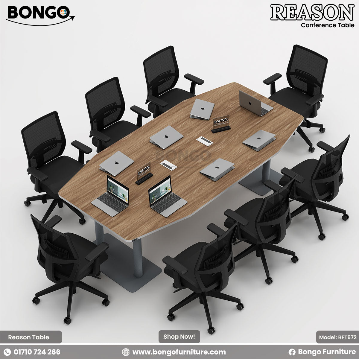 A conference room setting featuring the 'Reason - Conference Table' with a Water Resistant Strong Laminated Board tabletop, supported by a steel base, surrounded by black office chairs with wheels.