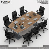 A conference room setting featuring the 'Reason - Conference Table' with a Water Resistant Strong Laminated Board tabletop, supported by a steel base, surrounded by black office chairs with wheels.