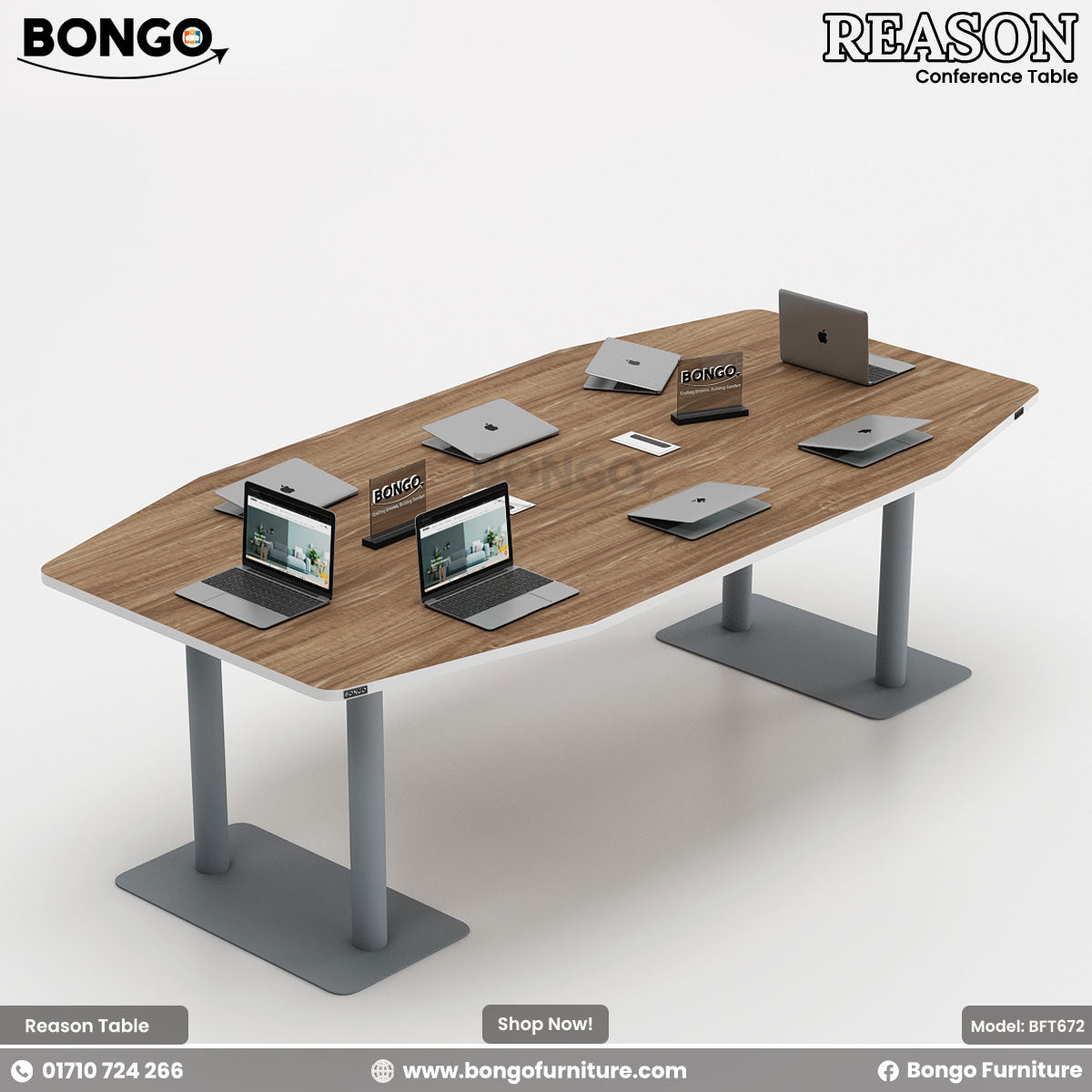 A conference room setting featuring the 'Reason - Conference Table' with a Water Resistant Strong Laminated Board tabletop, supported by a steel base, surrounded by black office chairs with wheels.