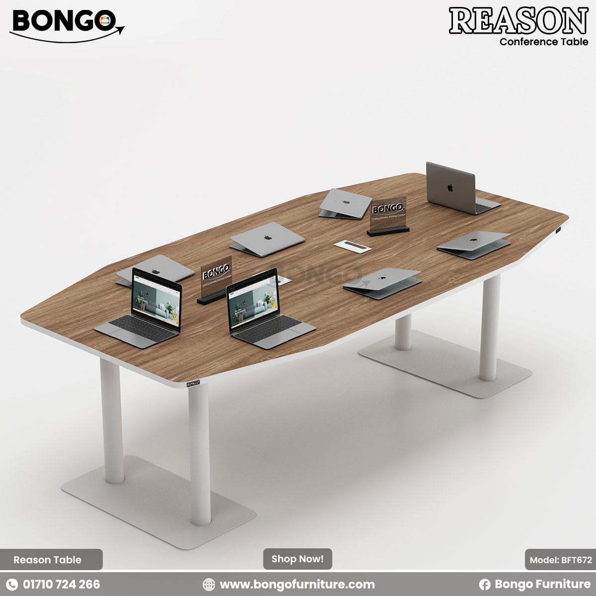 A conference room setting featuring the 'Reason - Conference Table' with a Water Resistant Strong Laminated Board tabletop, supported by a steel base, surrounded by black office chairs with wheels.