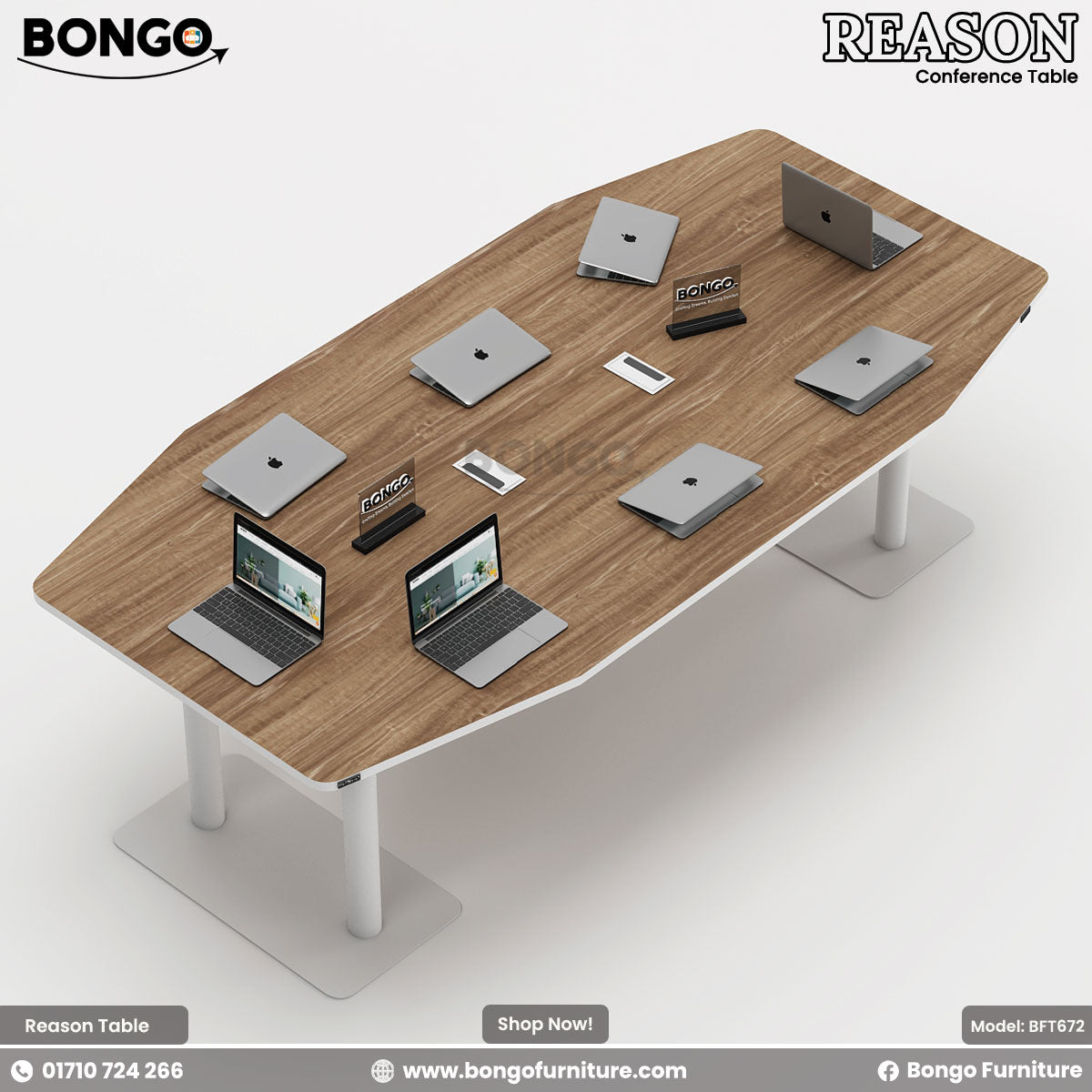A large, modern conference table with a boat-shaped, Water Resistant Strong Laminated Board top and a white base. The table is supported by three wide, T-shaped pedestal legs. It is shown from a high angle against a plain background, staged with multiple laptops for a meeting.