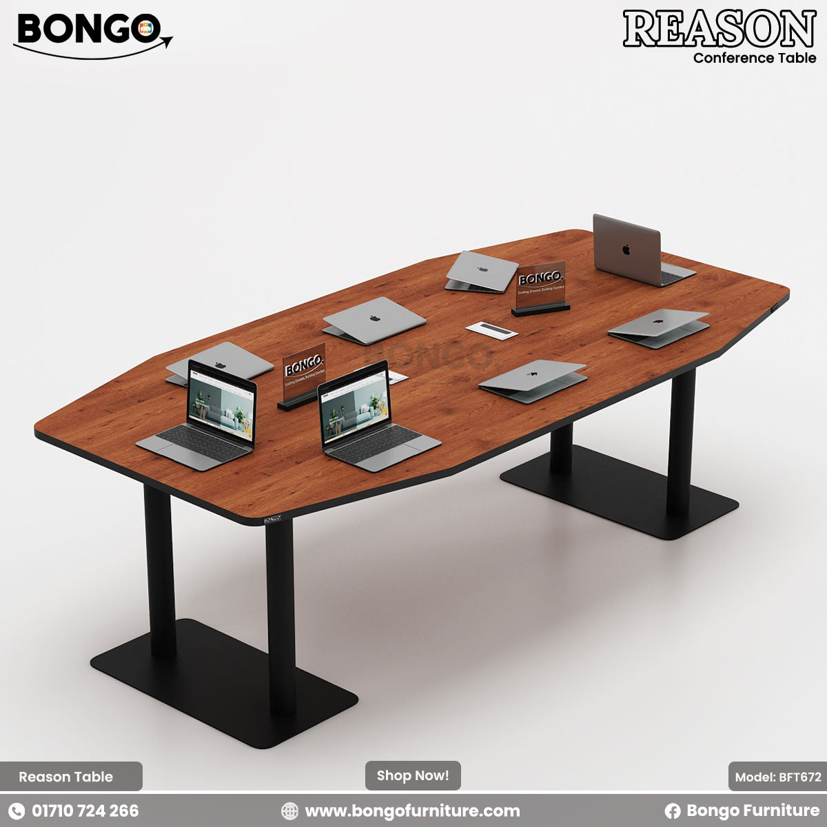 A conference room setting featuring the 'Reason - Conference Table' with a Water Resistant Strong Laminated Board tabletop, supported by a steel base, surrounded by black office chairs with wheels.