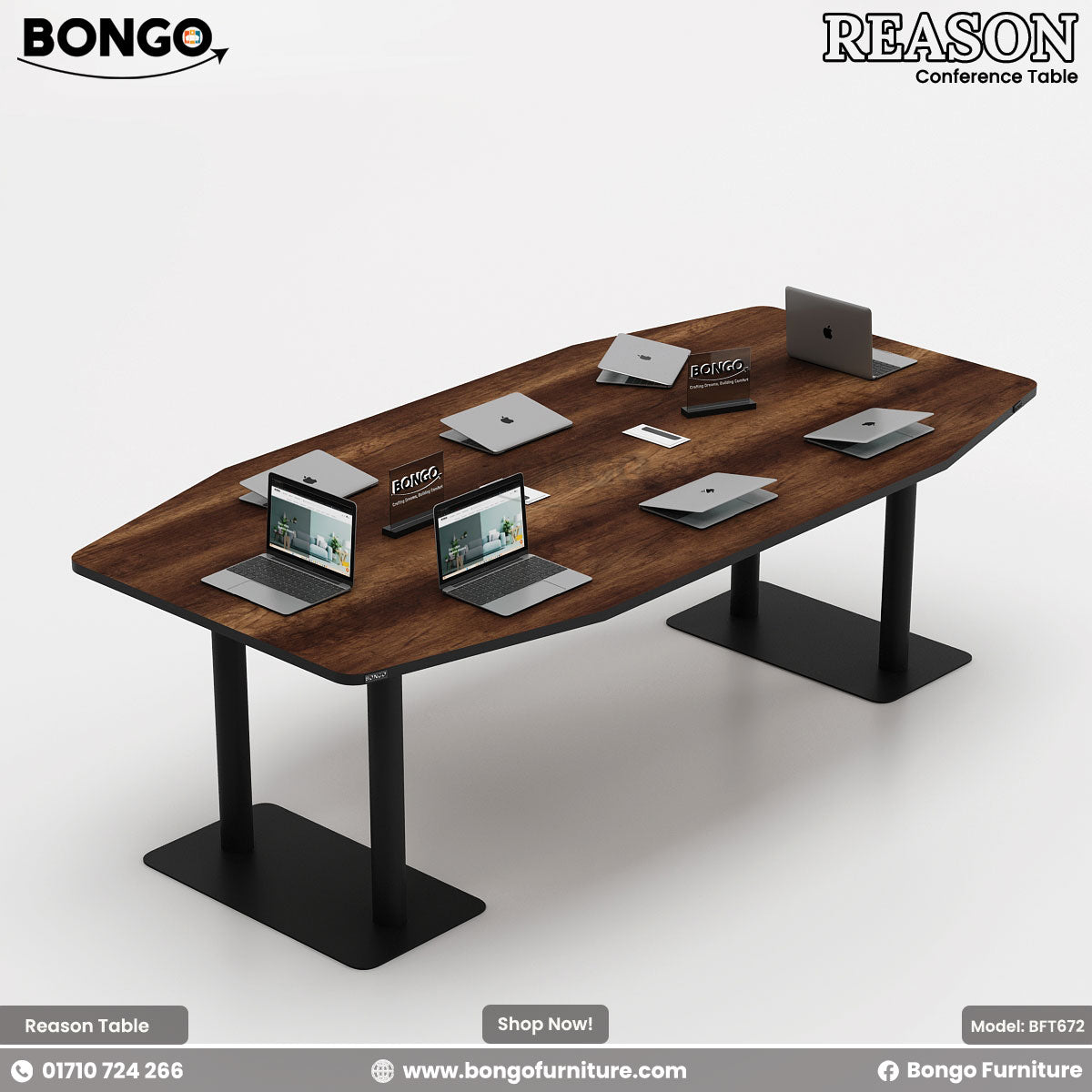 A conference room setting featuring the 'Reason - Conference Table' with a Water Resistant Strong Laminated Board tabletop, supported by a steel base, surrounded by black office chairs with wheels.