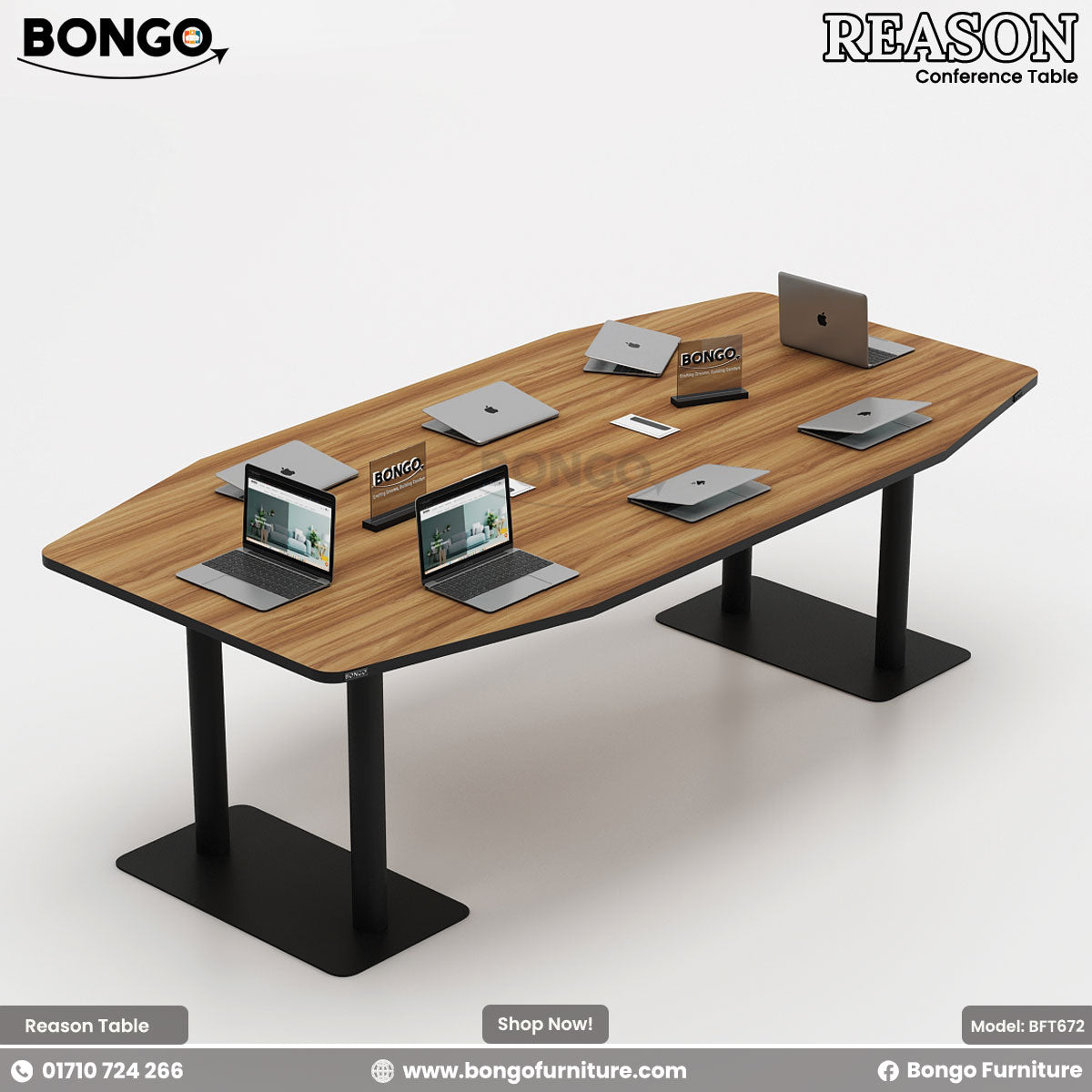 A conference room setting featuring the 'Reason - Conference Table' with a Water Resistant Strong Laminated Board tabletop, supported by a steel base, surrounded by black office chairs with wheels.