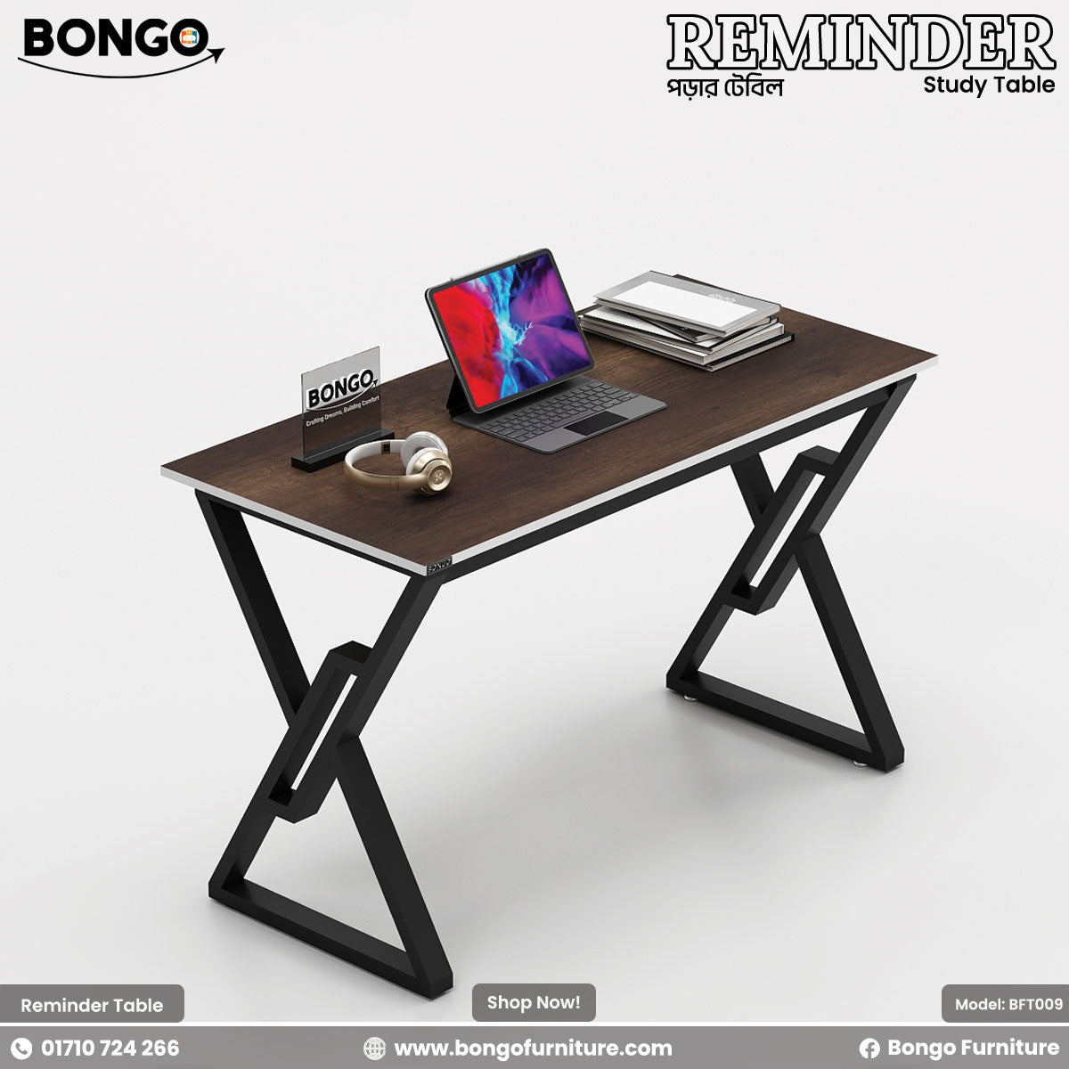 Reminder Study Table - Length 42 Inches, Depth 22 Inches, Height 30 Inches - Water Resistant Laminated board - Mild steel frame - Heat Paint Coated. Color is Monument Oak and Black. Shop Now!