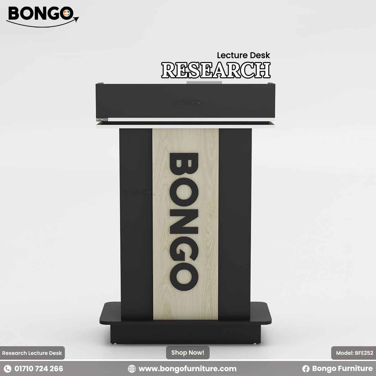 Bongo Research Lecture Desk with Water Resistant Strong Laminated Board panel and black finish on a white background