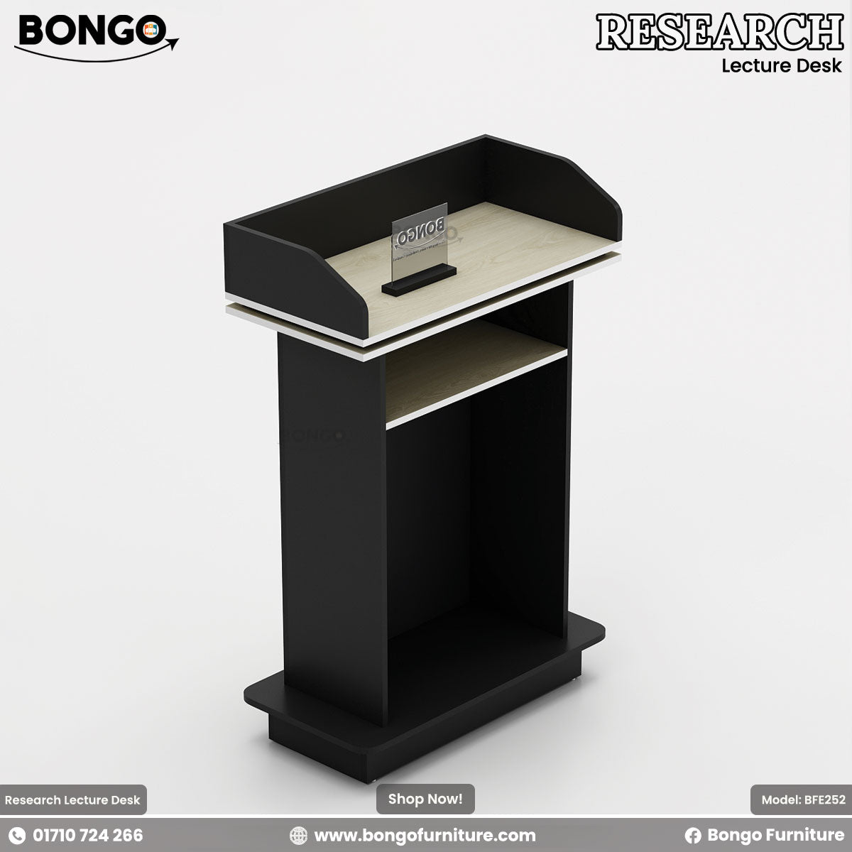 Black and beige lecture desk with Bongo Furniture branding on a white background
