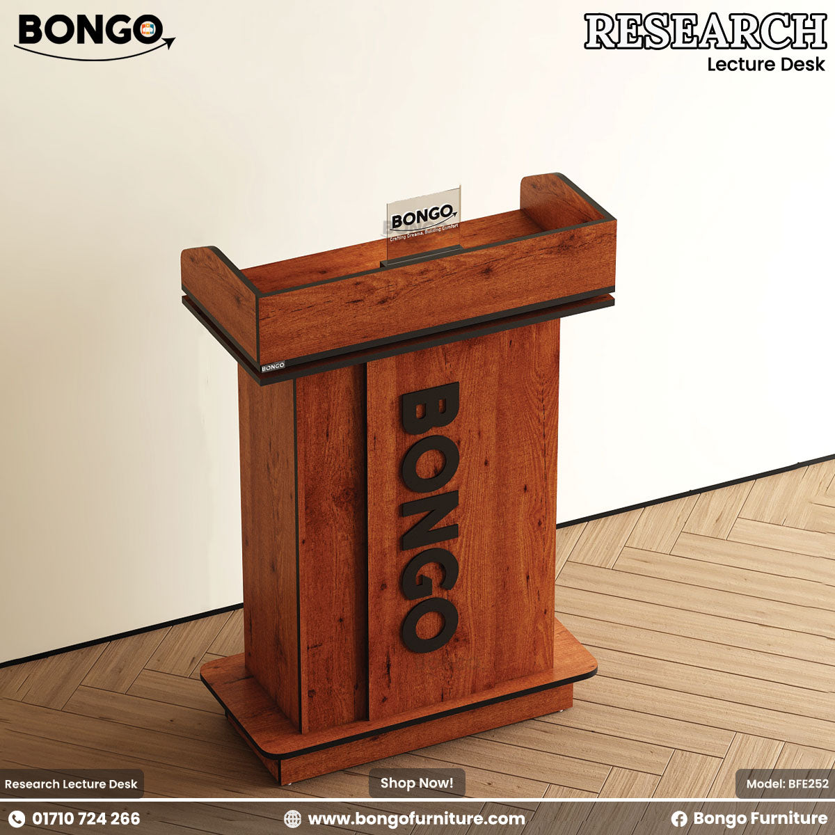 Water Resistant Strong Laminated Board lecture desk with Bongo branding on a beige background