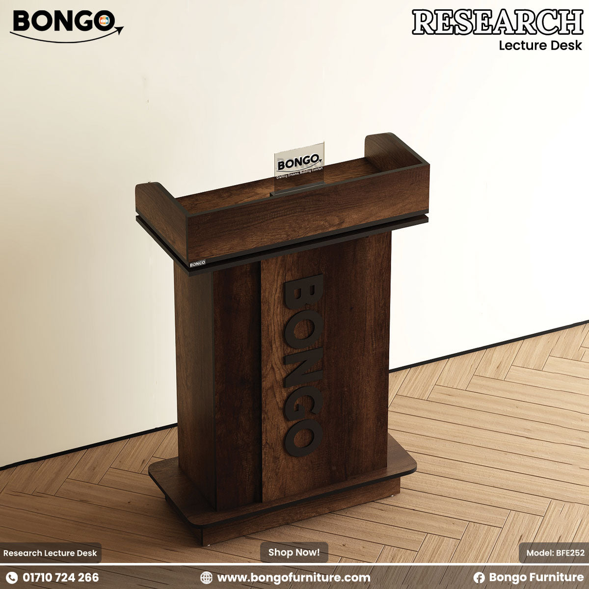 Water Resistant Strong Laminated Board lecture desk with Bongo branding on a beige background