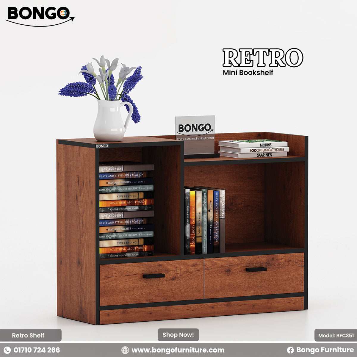 A promotional image of the "RETRO Mini Bookshelf" in a dark wood finish. The compact, modern storage unit has a dark, reddish-brown wood grain with contrasting black trim. It features two drawers at the bottom and an asymmetrical arrangement of open shelving above, which are filled with books. The multi-level top surface is styled with a small white vase of flowers and a decorative sign. The "BONGO" and "RETRO" brand names are displayed in the top corners.