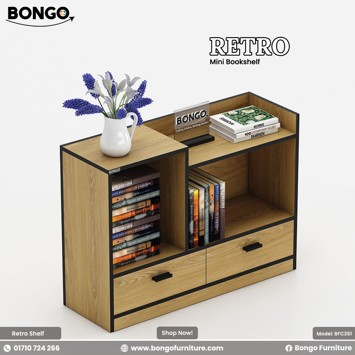 A promotional image of the "RETRO Mini Bookshelf," a compact, modern storage unit. The bookshelf has a light wood grain finish with contrasting black trim. It features two drawers at the bottom and an asymmetrical arrangement of open shelving above for books. The top surface is multi-leveled and is styled with a small vase of flowers and a stack of books. The "BONGO" and "RETRO" brand names are displayed in the top corners.