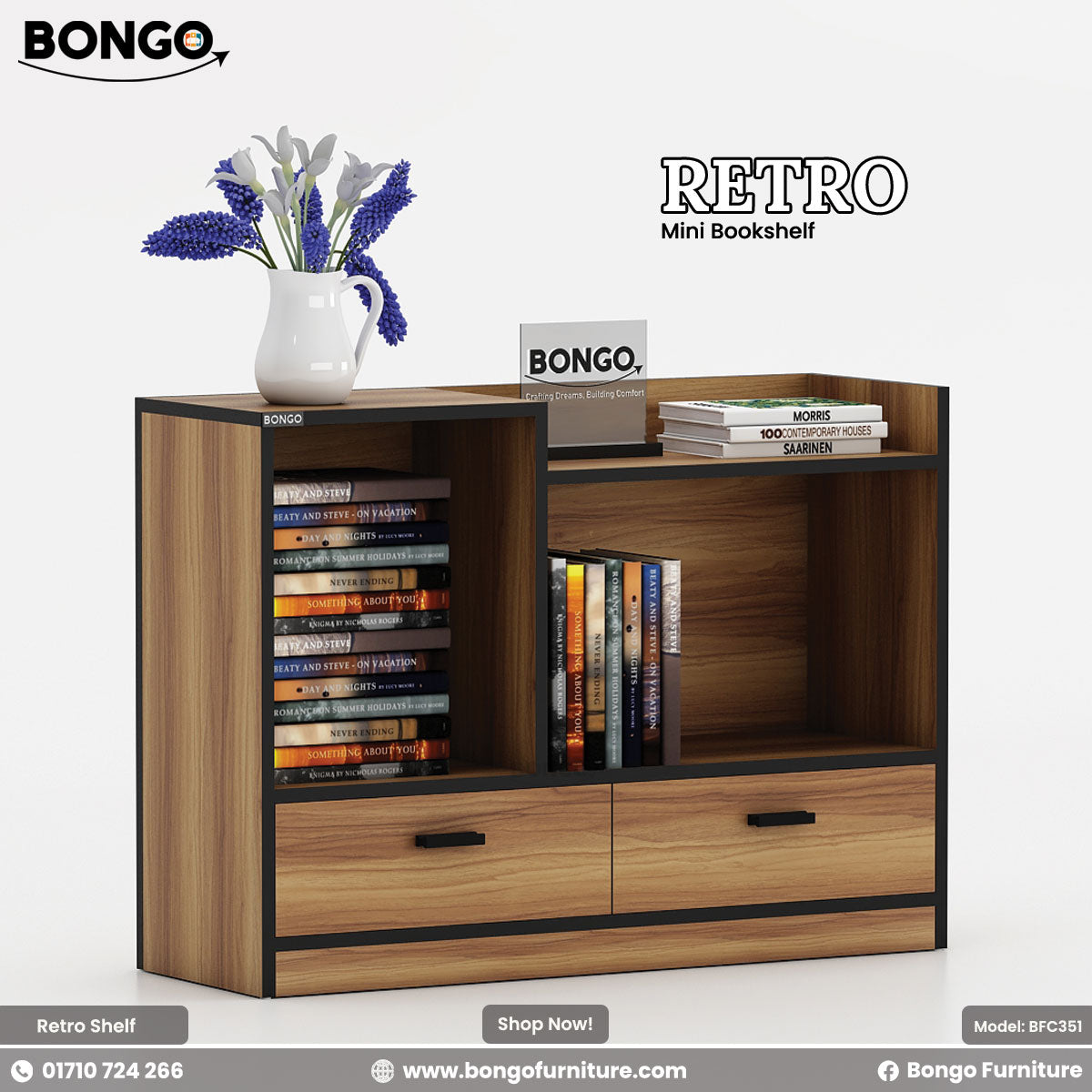 A promotional image of the "RETRO Mini Bookshelf," a compact, modern storage unit. The bookshelf has a light wood grain finish with contrasting black trim. It features two drawers at the bottom and an asymmetrical arrangement of open shelving above for books. The top surface is multi-leveled and is styled with a small vase of flowers and a stack of books. The "BONGO" and "RETRO" brand names are displayed in the top corners.