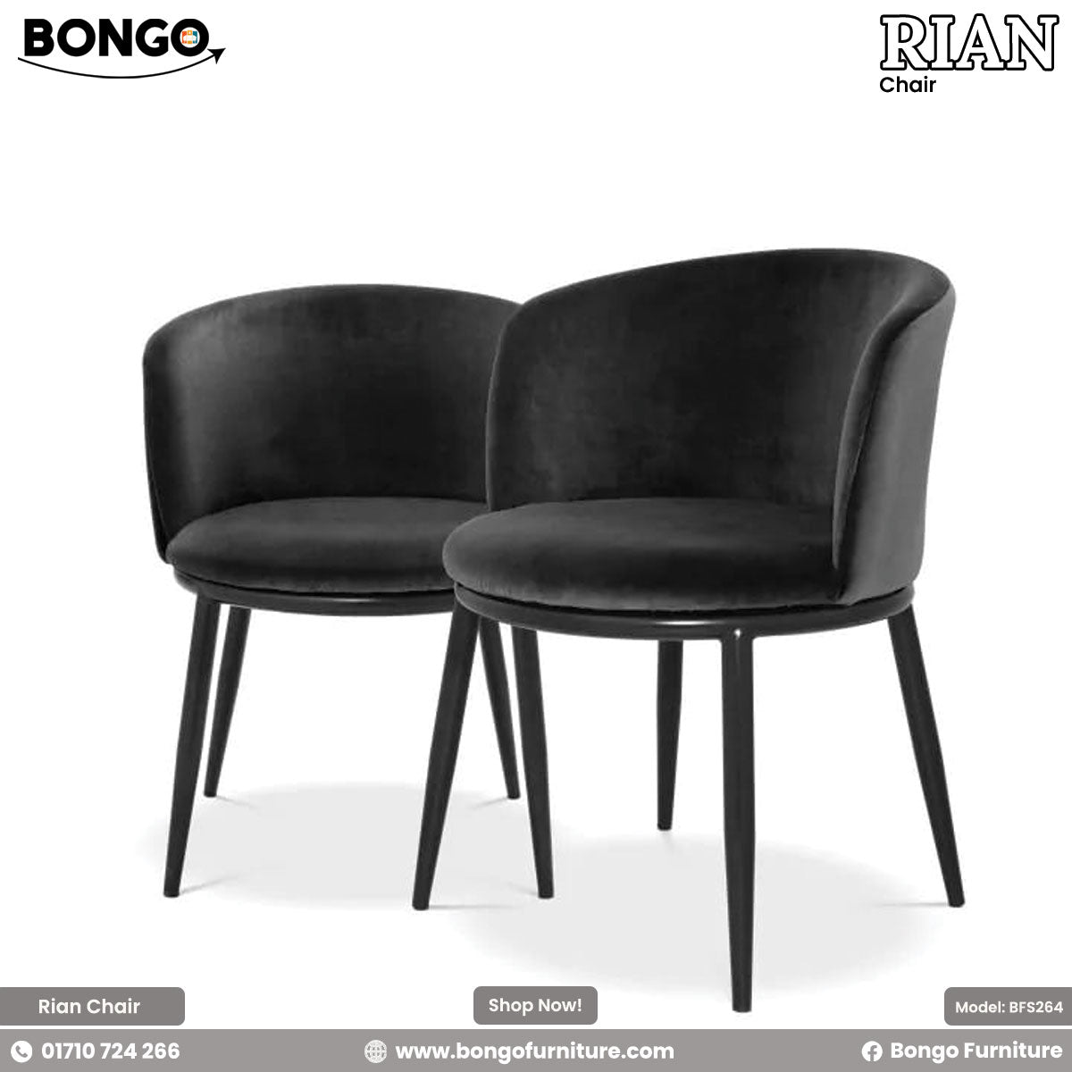 A pair of identical modern barrel chairs upholstered in plush black velvet. Each chair features a curved, enclosing backrest and stands on four tapered, matte black legs. The chairs are shown together against a white background.