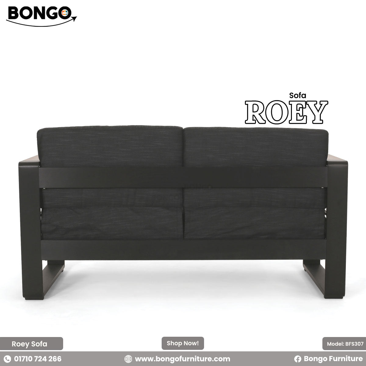Black sofa labeled 'Sofa ROEY' with Bongo Furniture branding on a white background