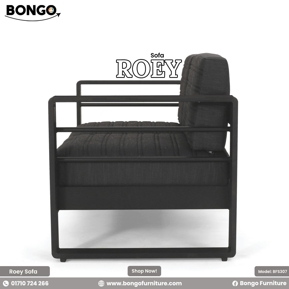 Black sofa with 'ROEY' branding on a white background, featuring Bongo Furniture logo.