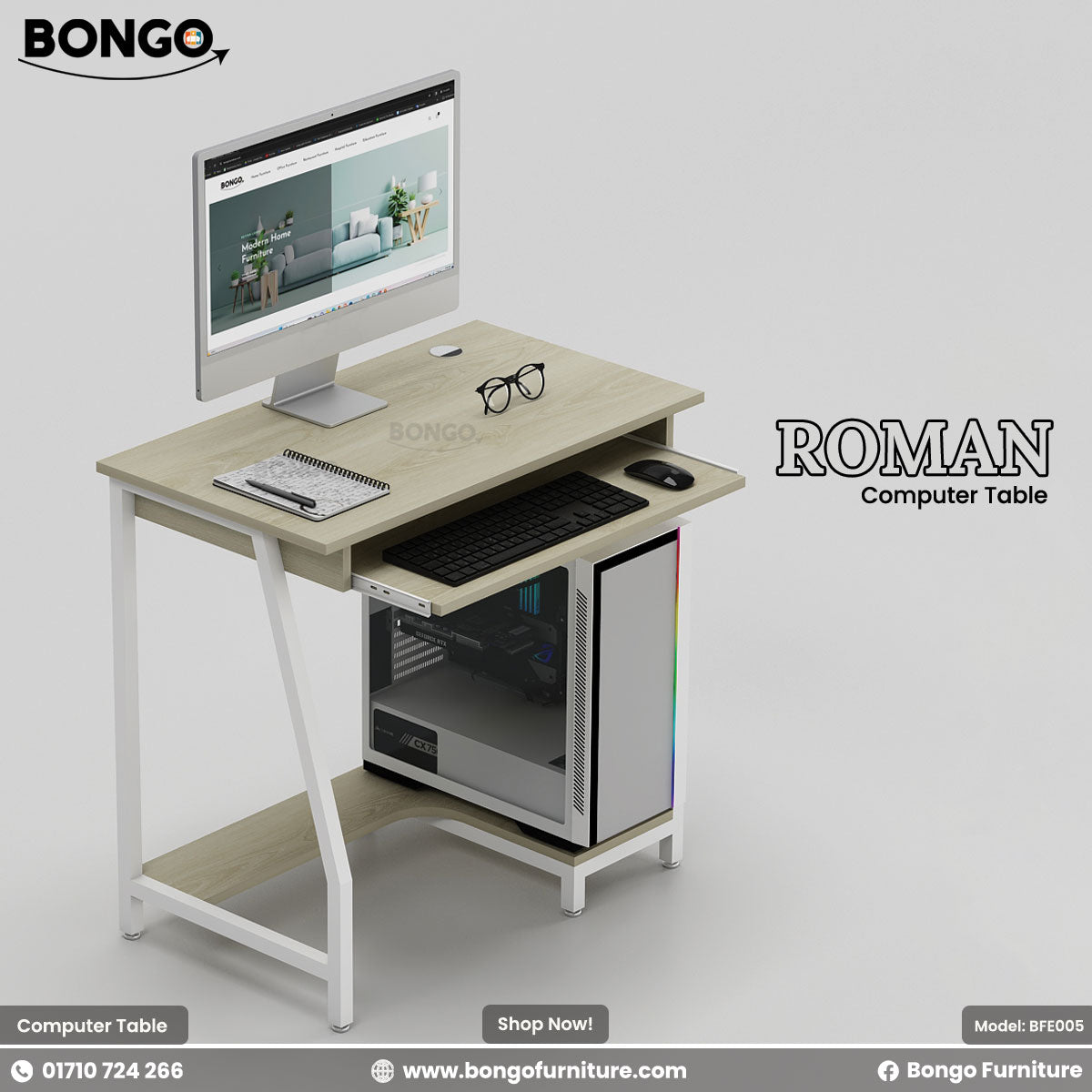 Computer desk with a monitor, keyboard, and other accessories on a light gray background, featuring the Bongo Furniture brand.