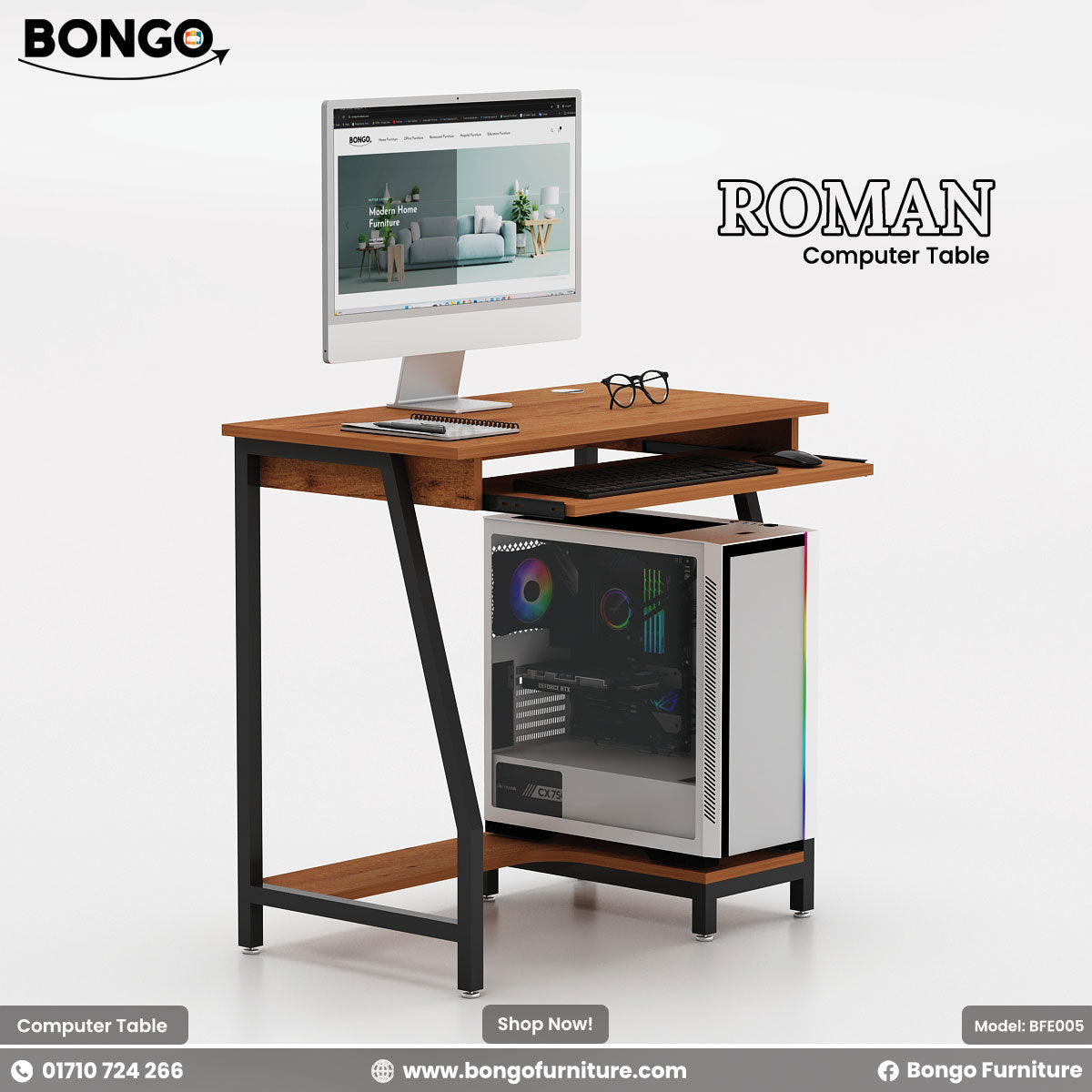 Water Resistant Strong Laminated Board computer desk with a monitor and RGB computer case on a white background, featuring Bongo Furniture branding.