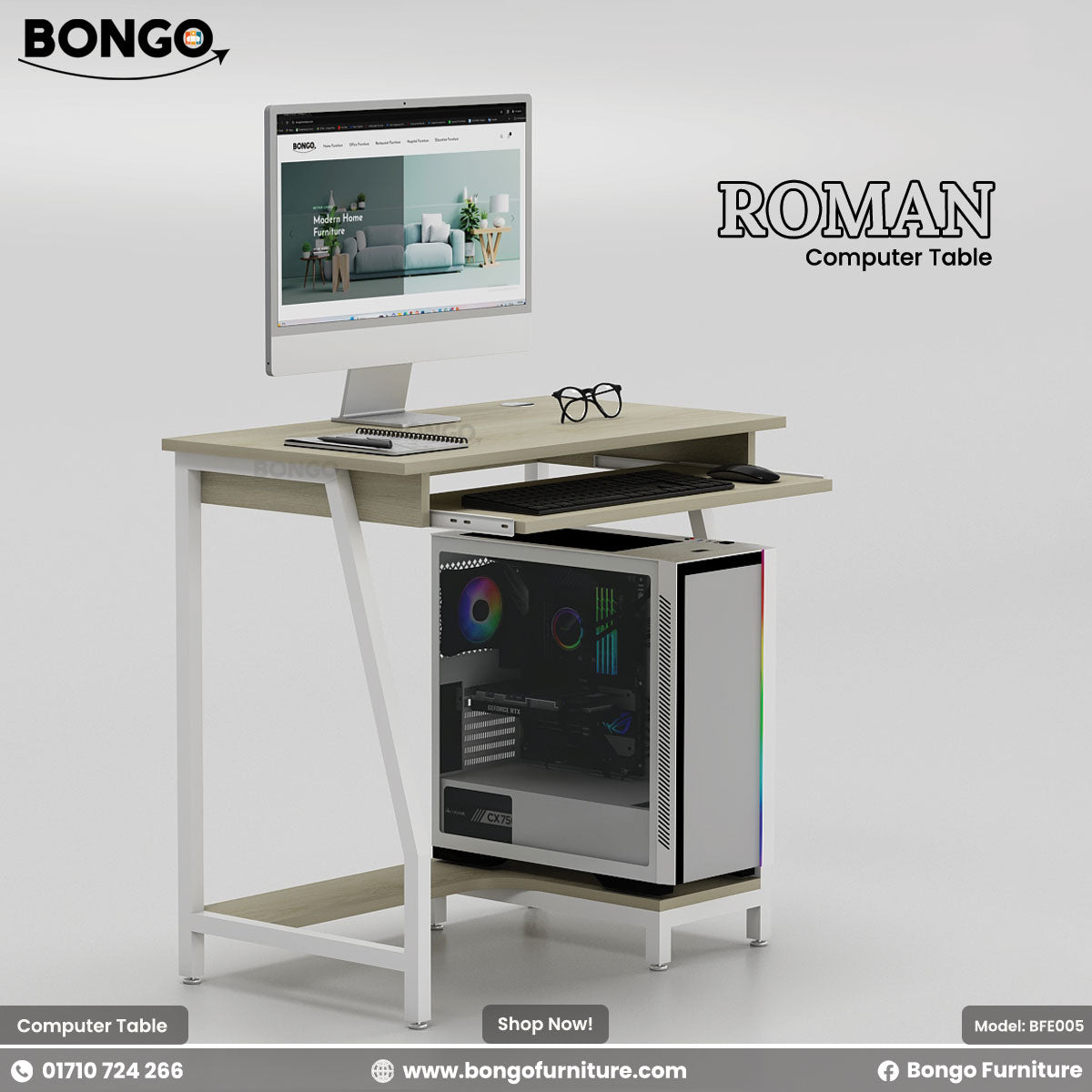 Computer table with monitor, laptop, and glasses on a white background, featuring Bongo Furniture branding.