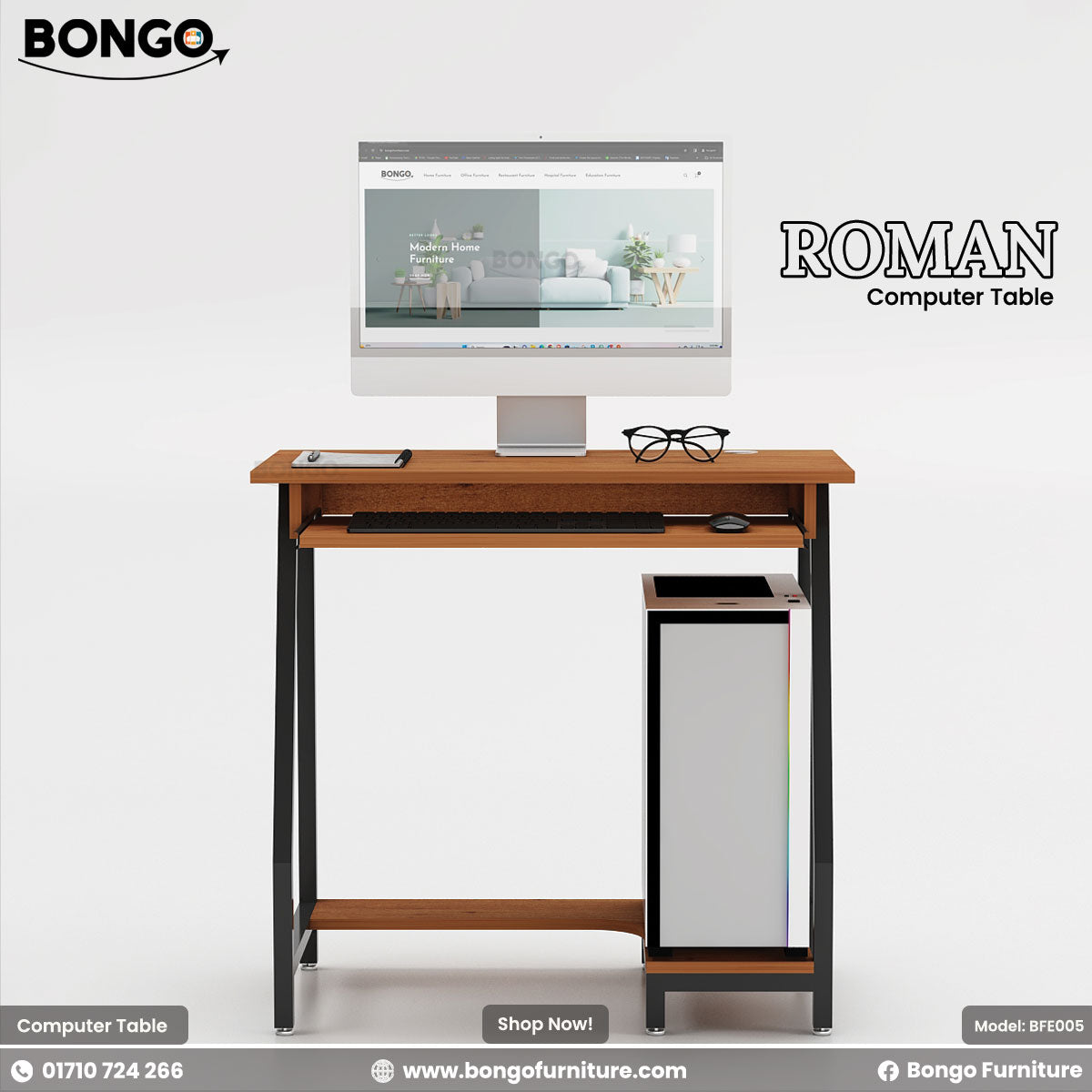 Water Resistant Strong Laminated Board computer desk with a monitor, keyboard, and glasses on a white background, featuring the Bongo Furniture brand.