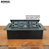 Table connection pop-up outlet with multiple ports on a Laminated Board surface, featuring the Bongo Furniture brand.