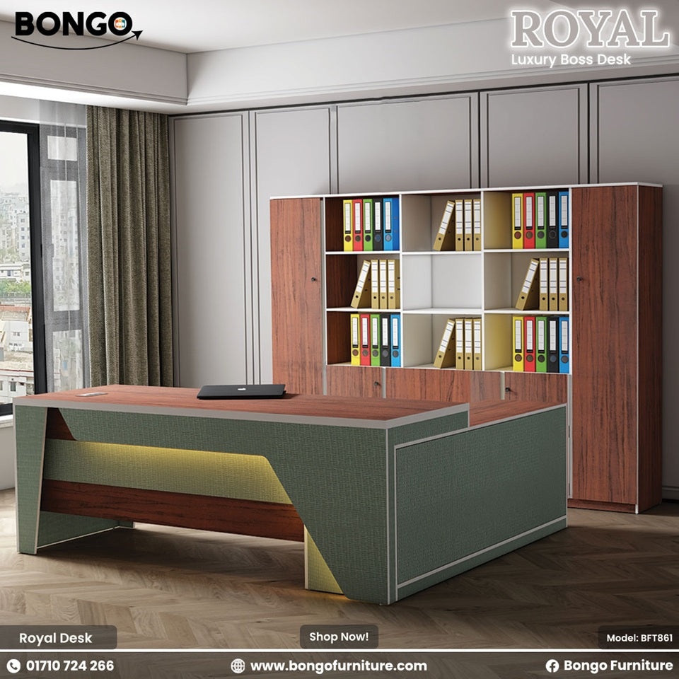 Modern office desk with bookshelf in a room setting, featuring Bongo Furniture branding.