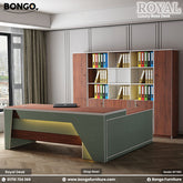 Modern office desk with bookshelf in a room setting, featuring Bongo Furniture branding.