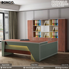Modern office desk with bookshelf in a room setting, featuring Bongo Furniture branding. Modern office desk with bookshelf in a room setting, featuring Bongo Furniture branding.