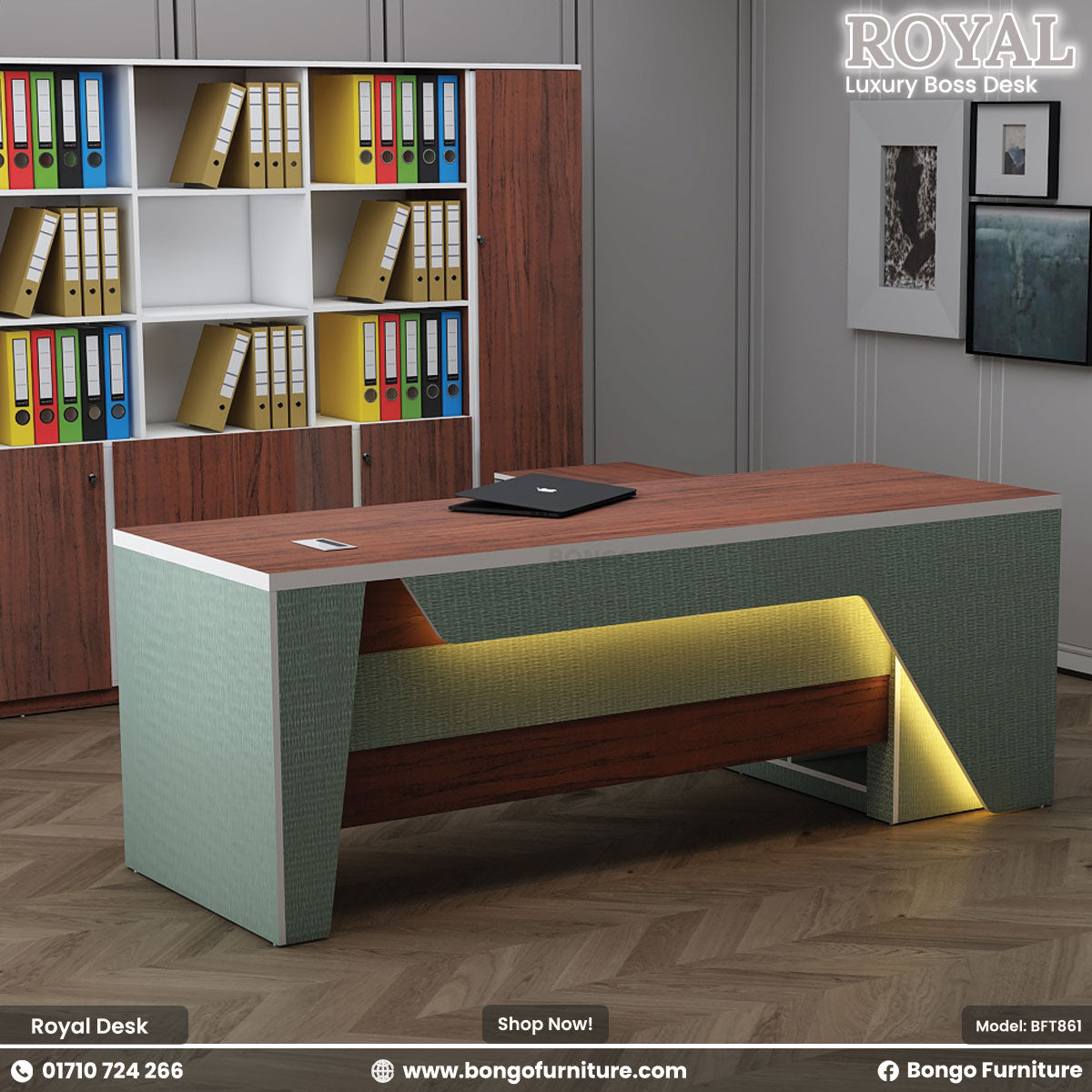Modern office desk with a bookshelf in an office setting, featuring Bongo Furniture branding.