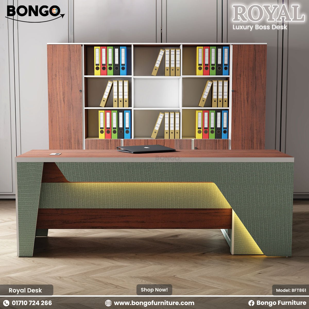 Bongo Royal Luxury Boss Desk with shelves and binders in a room setting