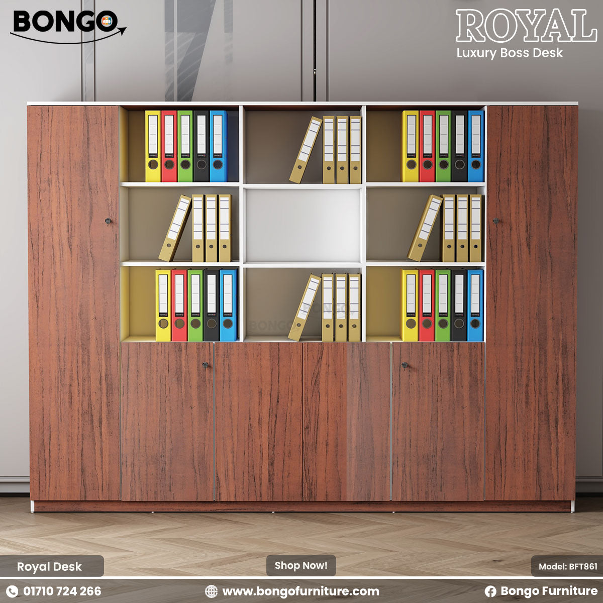 Water Resistant Strong Laminated Board office cabinet with colorful binders labeled 'Bongo' and 'Royal'.