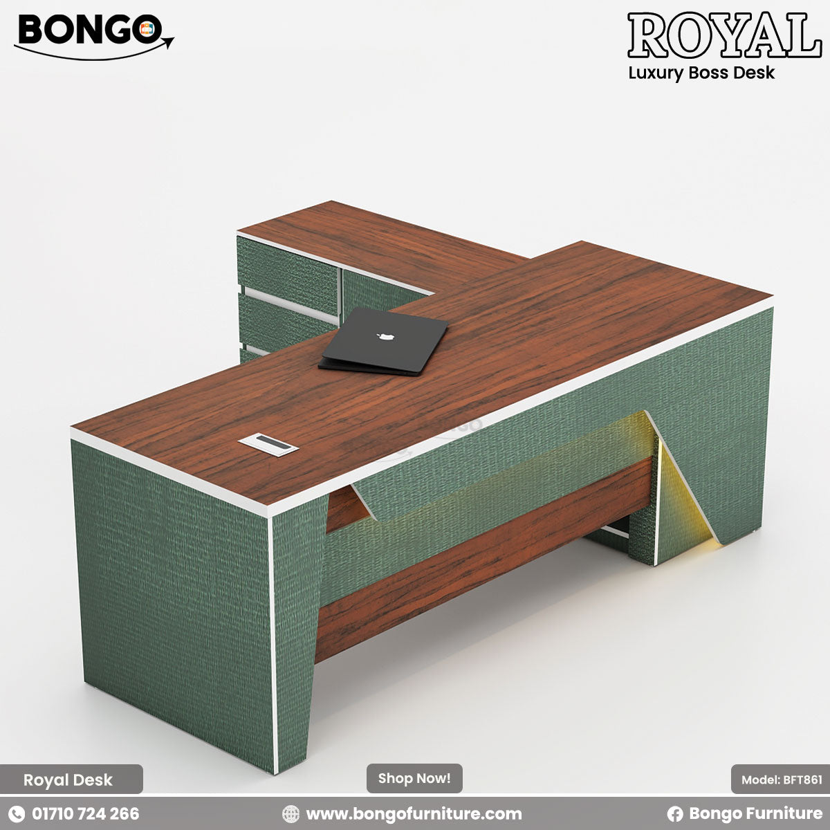 Luxury boss desk with green and brown design, featuring Bongo Furniture branding.