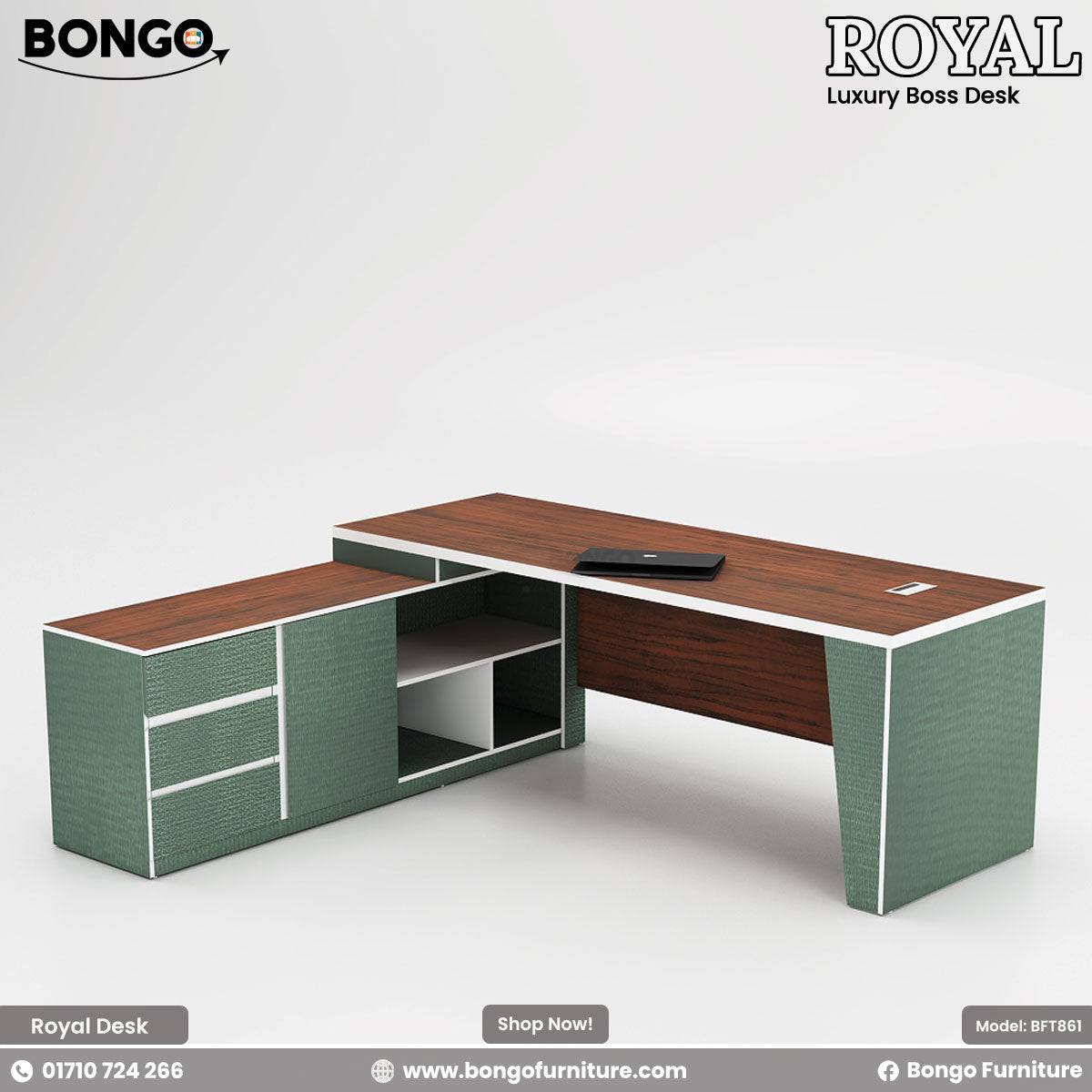 Luxury boss desk with green and brown design, featuring Bongo Furniture branding.
