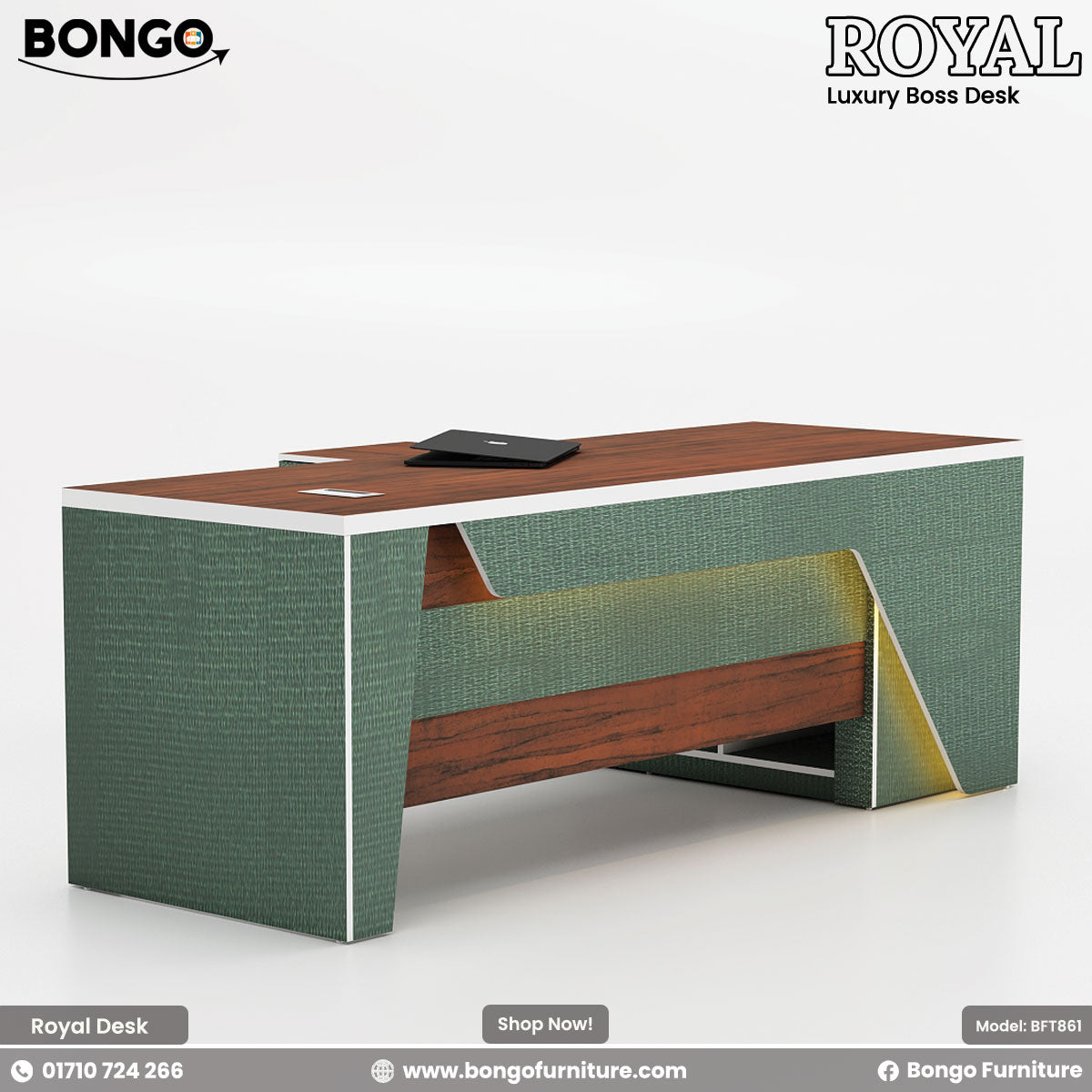 Luxury boss desk with green and brown design on a white background, featuring Bongo Furniture branding.