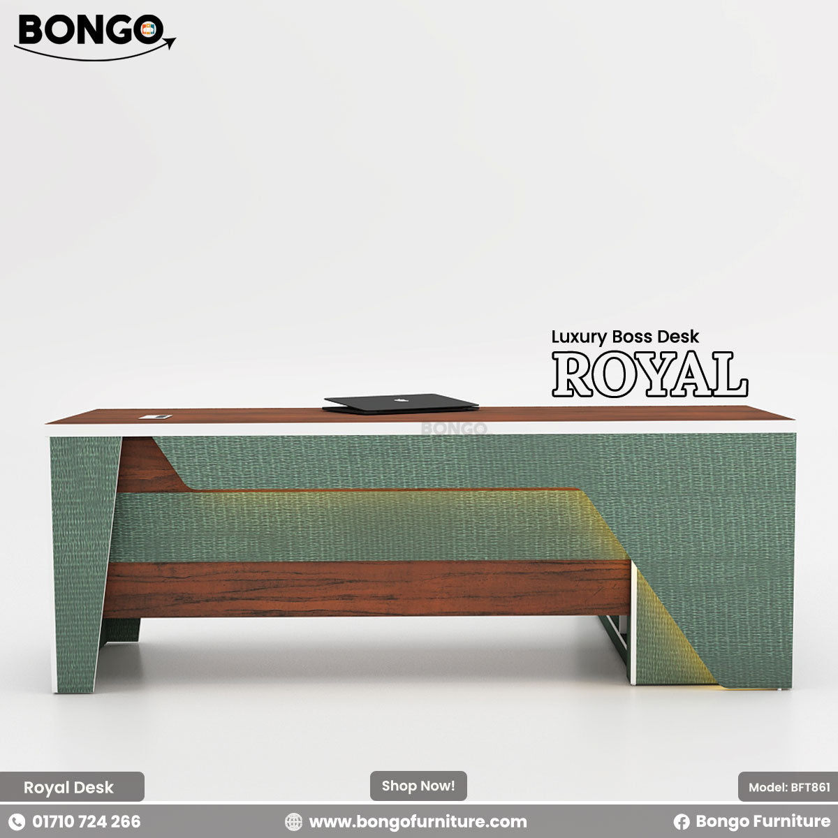 Luxury boss desk with green and Water Resistant Strong Laminated Board design on a white background, featuring Bongo Furniture branding.